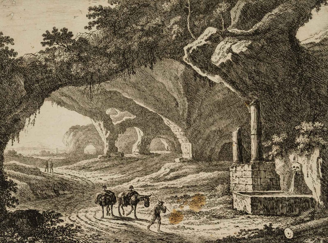 Unknown (19th), Landscape with an ancient ruin, around 1800, Etching: Unknown (19th century): Arcadian landscape with ancient ruin, fountain, donkey driver and wanderer, c. 1800, Etching Technique: Etching on Paper Date: c. 1800 Description: Italian Arcadian landscape d