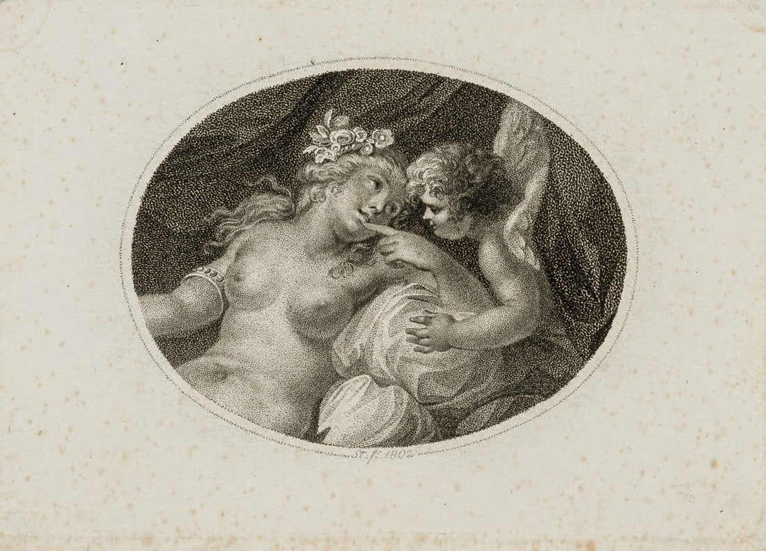 Unknown (19th), Venus and Cupid, 1802, Crayon manner: Unknown (19th century): Venus and Cupid in dialogue, 1802, Crayon manner Technique: Crayon manner on Paper Inscription: Inscribed below with "St f: 1802". Date: 1802 Description: Shows an oval section