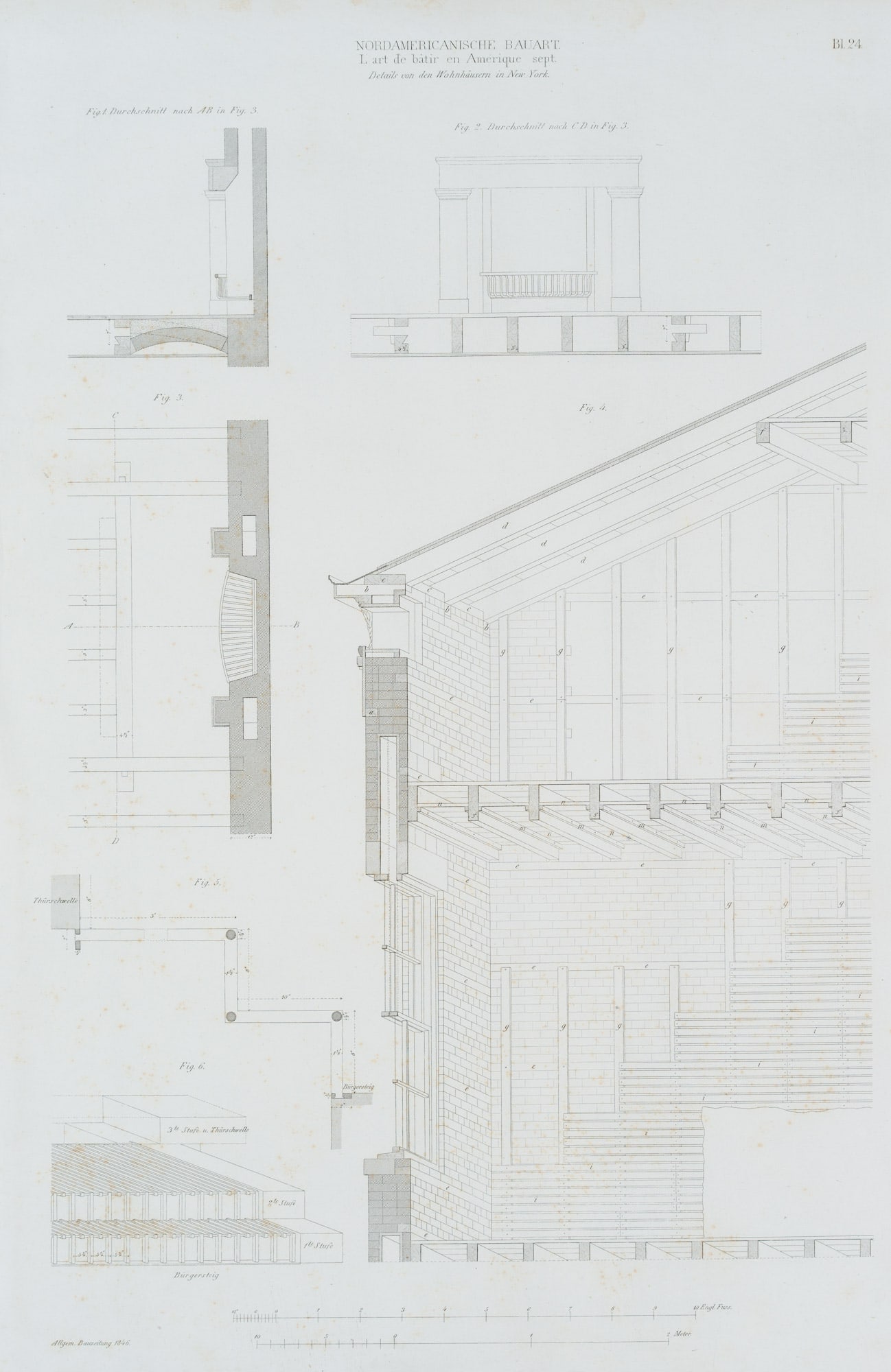 Unknown (19th), Details of residential buildings in New York, 1846, Lithography: Unknown (19th century): Architectural illustration, "Details of the dwellings in New York", North American construction, "L'art de batir en Amérique sept, 1846, Lithography Technique: Lithography