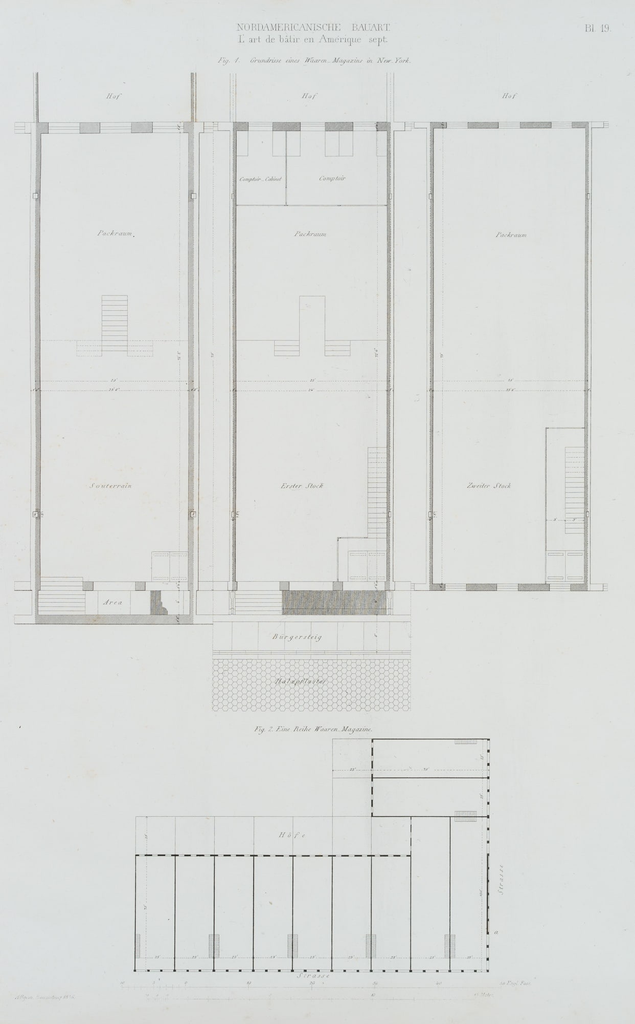 Unknown (19th), Floor plans of a warehouse, NY, 1846, Lithography: Unknown (19th century): Architectural illustration, "Grundrisse eines Waarenmagazins", North American construction, "L'art de batir en Amérique sept, 1846, Lithography Technique: Lithography on P