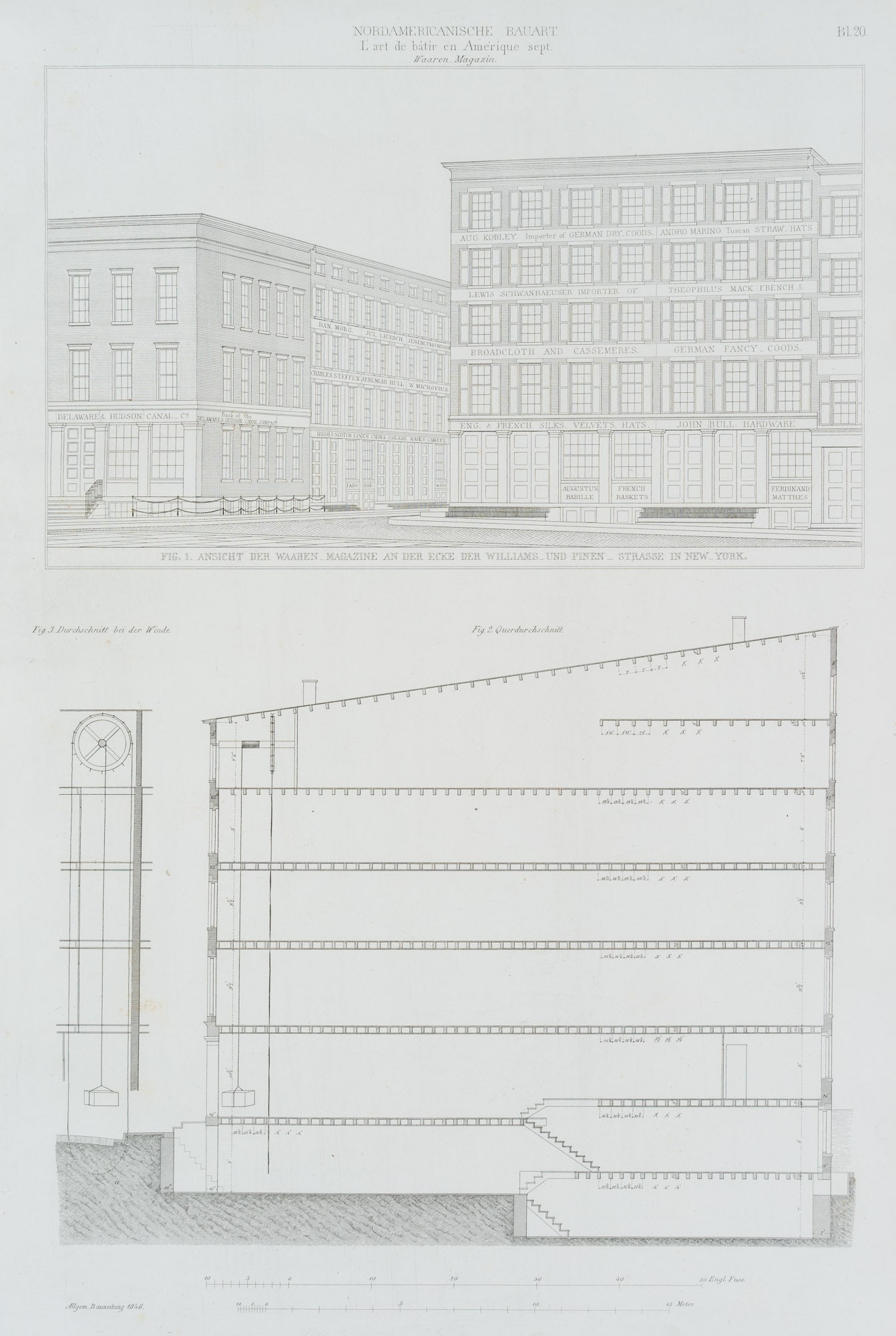 Unknown (19th), View of Waaren Magazines, NY, 1846, Lithography: Unknown (19th century): Architectural illustration, "View of the Ware Magazines at the Corner of Williams and Pinen Streets in New York", North American Construction, "L'art de batir en Amérique 