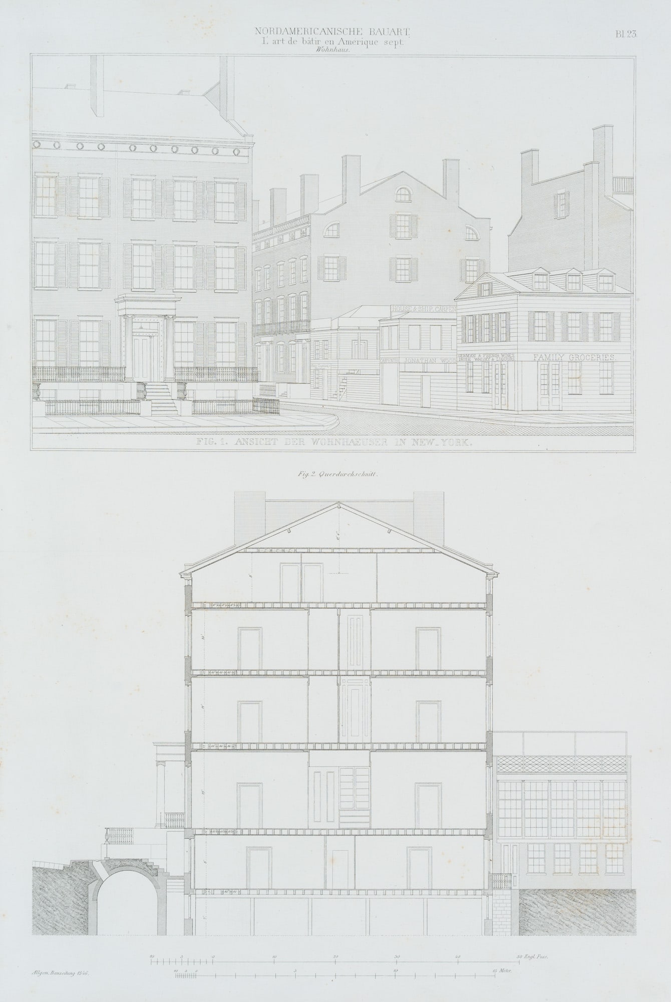 Unknown (19th), Residential buildings in New York, cross-section, 1846, Lithography: Unknown (19th century): Architectural illustration, New York, "View of the dwellings, with cross-section, in New York", North American construction, "L'art de batir en Amérique sept, 1846, Lithog