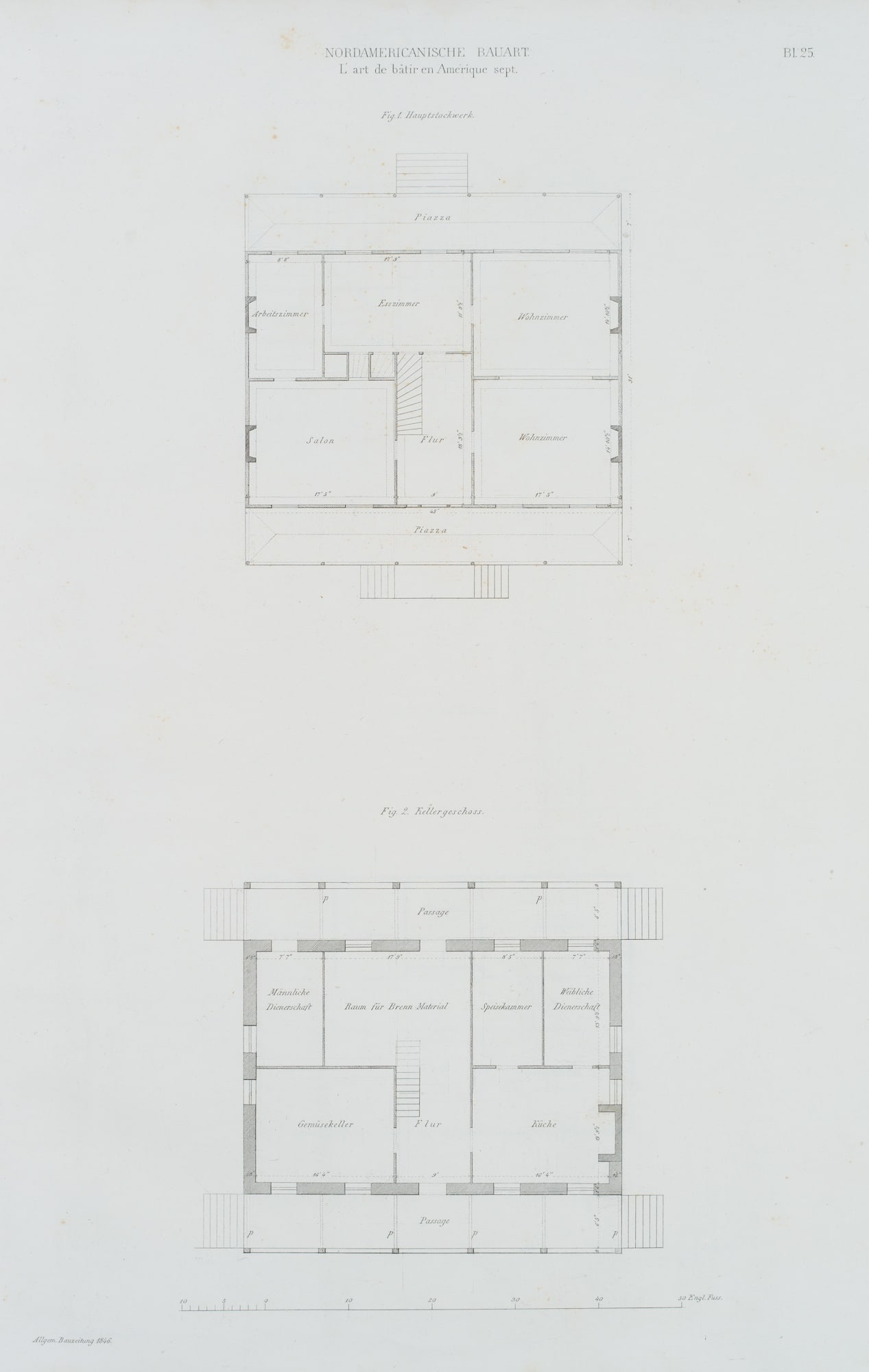 Unknown (19th), Floor plans showing the roof structure, USA, 1846, Lithography: Unknown (19th century): Architectural illustrations, New York, Floor plans: "Main floor, Basement, Roof structure, Upper floor", North American construction, "L'art de batir en Amérique sept, 184