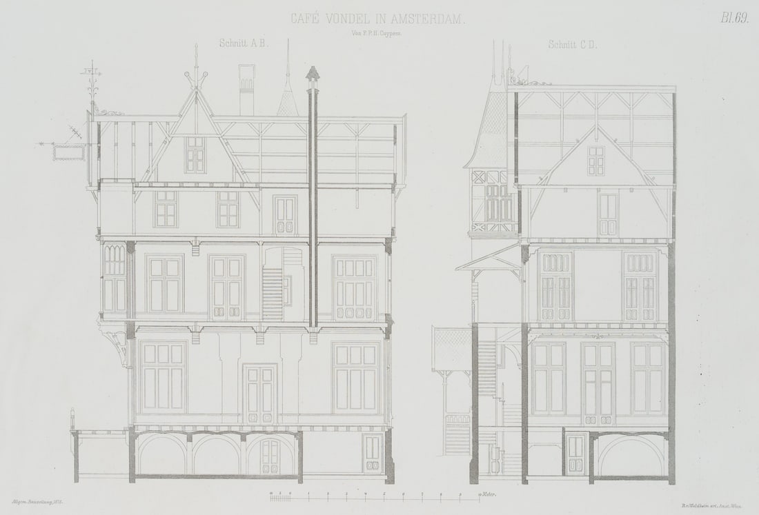Unknown (19th), Café Vondel in Amsterdam, cross-section, 1878, Lithography: Unknown (19th century): "Café Vondel in Amsterdam", Schnitt AB, Schnitt CD, Allgemeine Bauzeitung, 1878, Lithography Technique: Lithography on Paper Date: 1878 Description: From: Allgemeine Bauze
