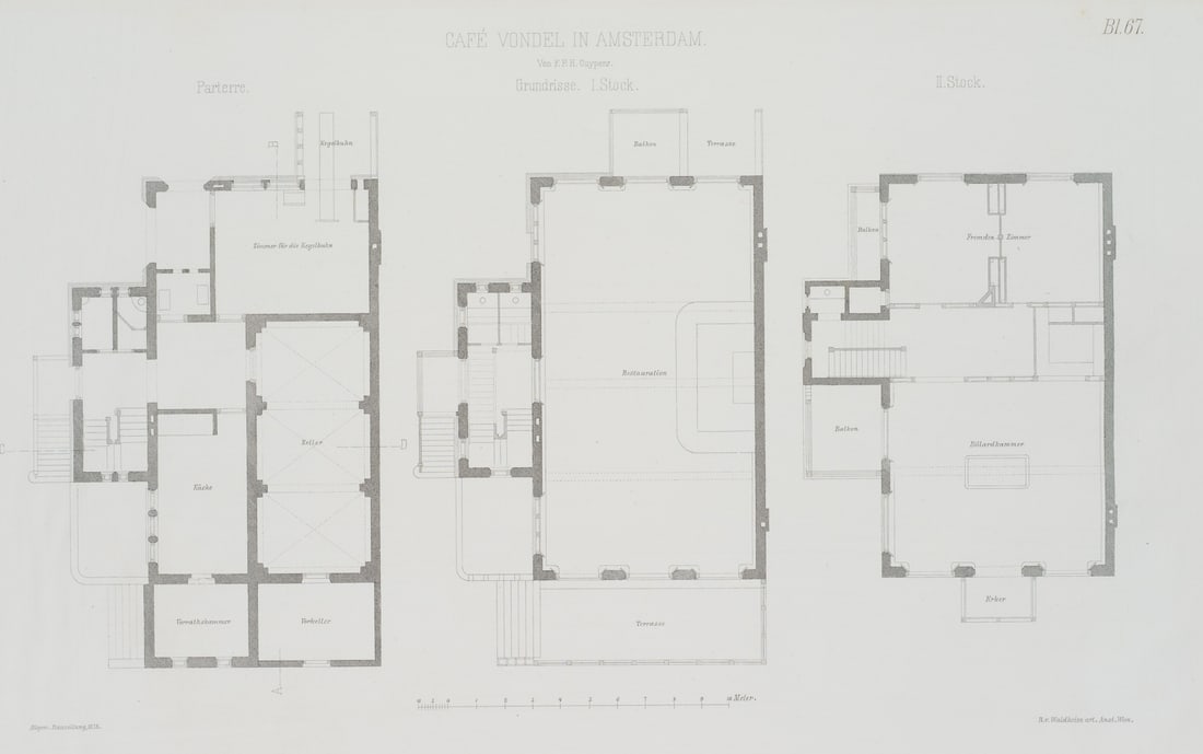 Unknown (19th), Café Vondel in Amsterdam, floor plan, 1878, Lithography: Unknown (19th century): "Café Vondel in Amsterdam", floor plans ground floor, 1st floor, 2nd floor, Allgem Bauzeitung, 1878, Lithography Technique: Lithography on Paper Date: 1878 Description: Fr