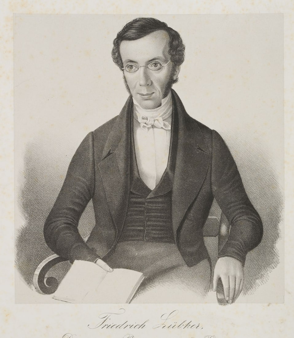 Unknown (19th), Philologist Friedrich Lübker, Lithography: Unknown (19th century): Portrait of the philologist Friedrich Lübker (1811 Husum - 1847 Flensburg), dressed in Biedermeier fashion with shirt, waistcoat, jacket and neck tie, holding a book, 19th