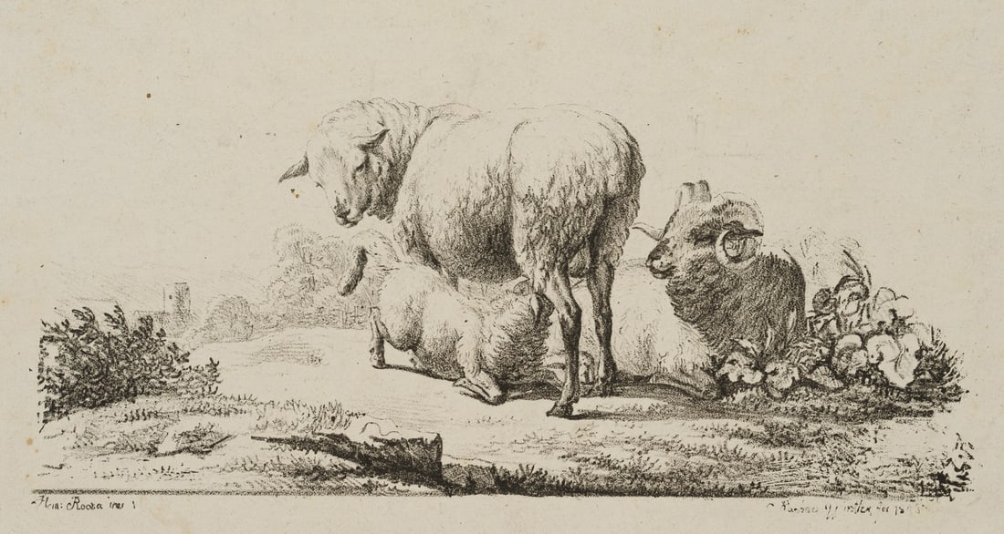 Unknown (19th), A family of sheep in a meadow, 1805, Lithography: Unknown (19th century): Sheep family in the meadow with suckling lamb in the distance a tower, 1805, Lithography Technique: Lithography on Paper Inscription: Signed and dated on the left and right bel