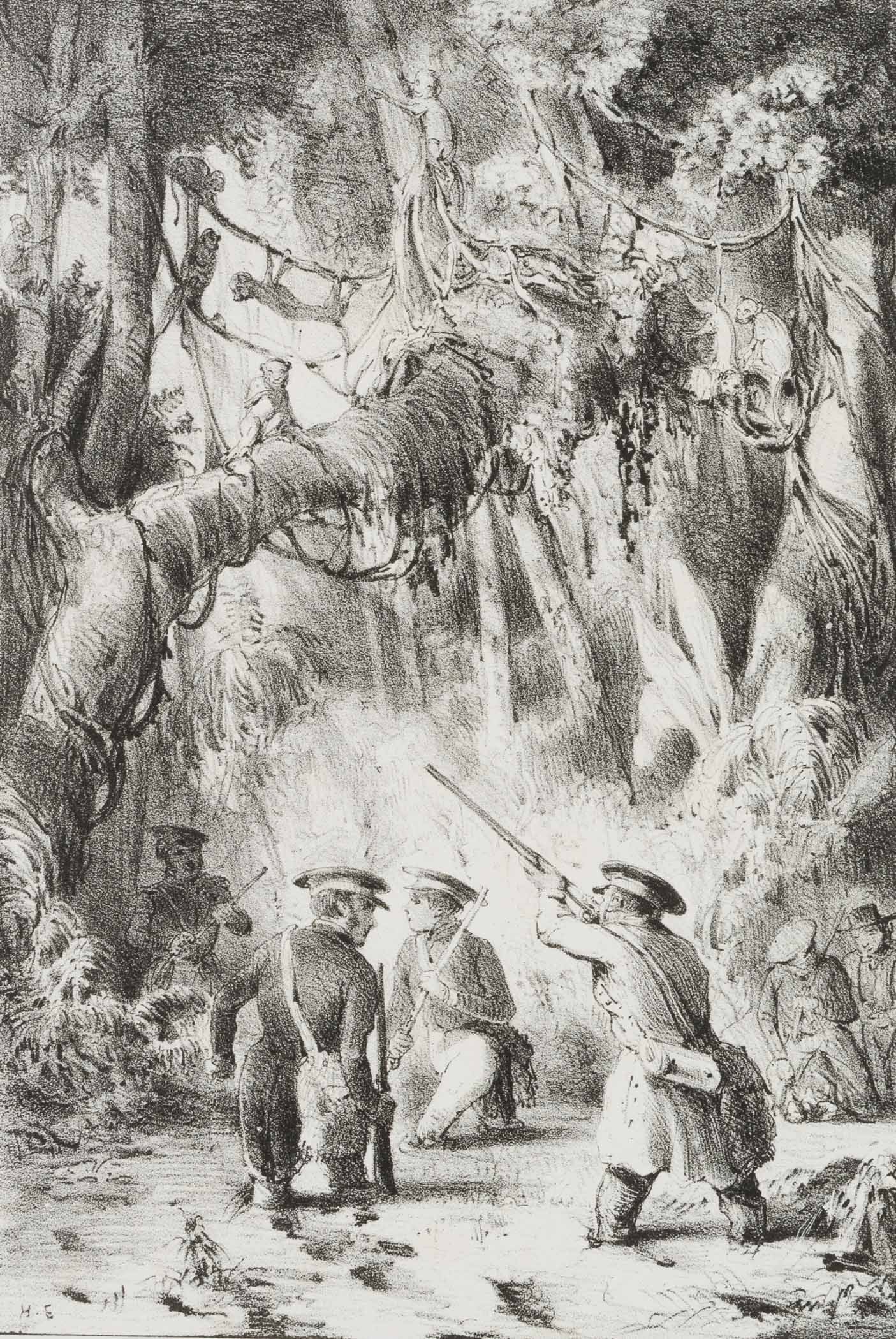 Unknown (19th), Hunting for proboscis monkeys, around 1850, Lithography (1 of 4)