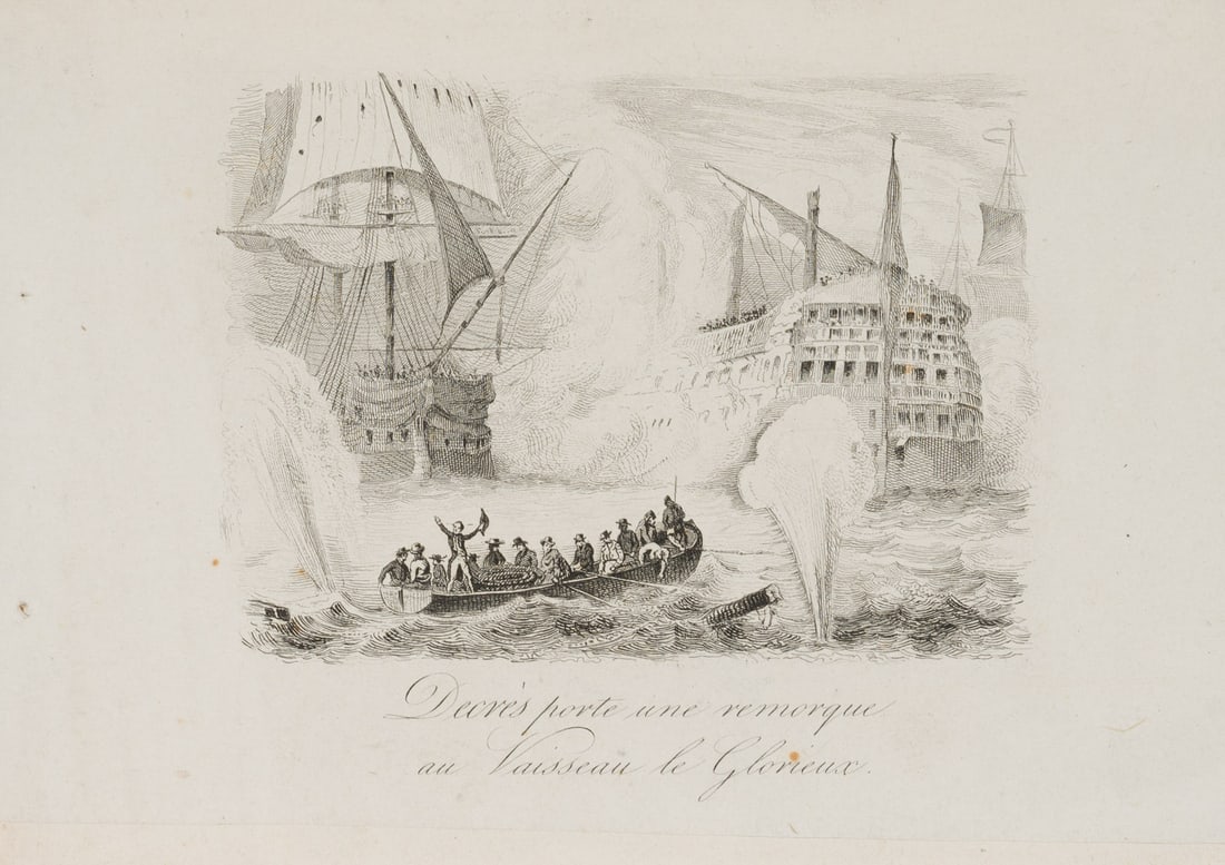 Unknown (19th), Denis Decrès. Seascape with a Battle, Etching: Unknown (19th century): Decrès brings a trailer to the Vaisseau le Glorieuax, 19th century, Etching Technique: Etching on Paper Inscription: Inscribed in the centre, old note on verso Date: 19th 