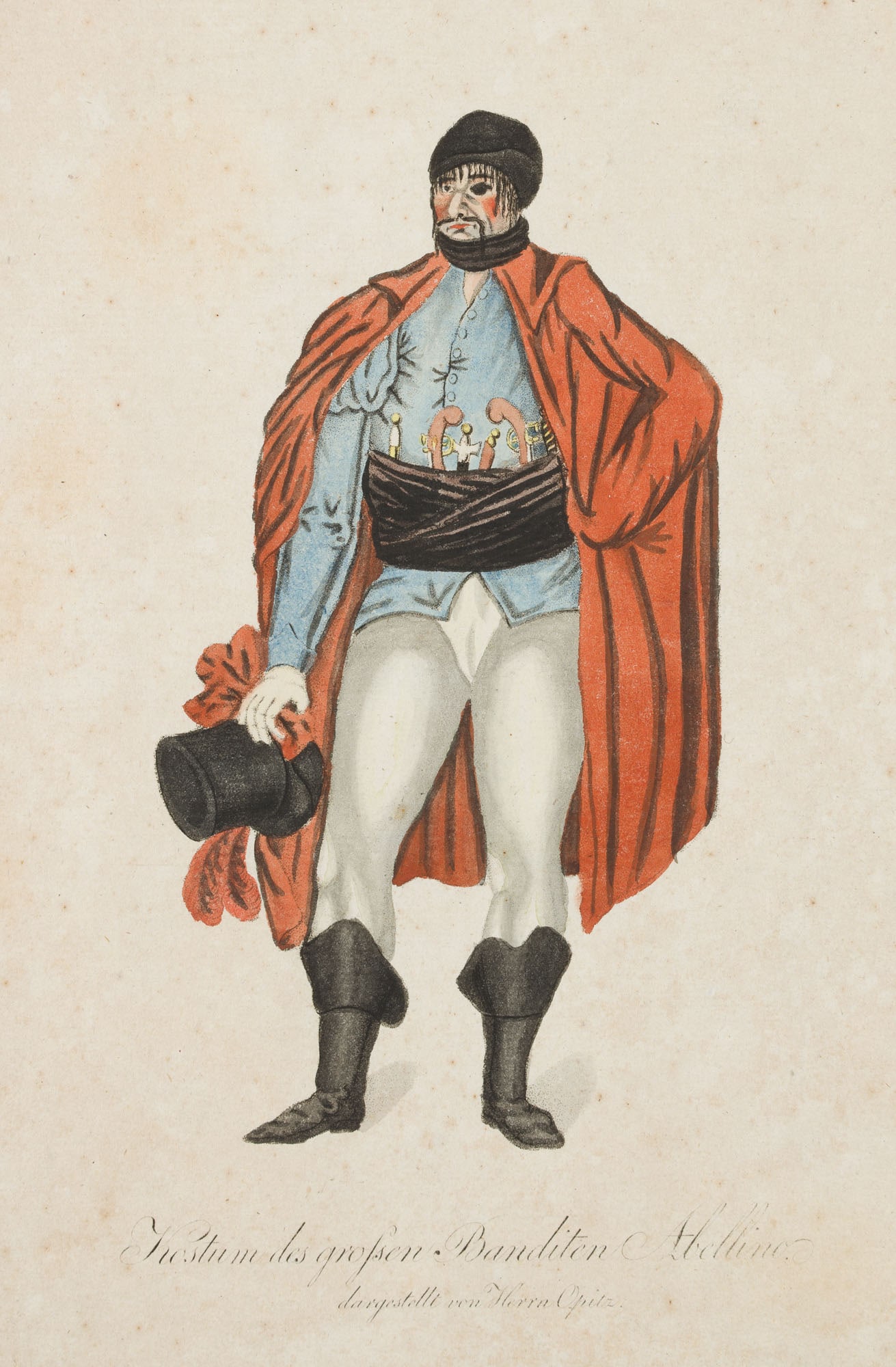 Unknown (19th), Costume of the bandit Abellino, Opitz, Etching: Unknown (19th century): Costume of the great bandit Abellino, portrayed by Mr Opitz, 19th century, Etching Technique: Hand colored Etching on Laid paper Stamp: Verso Collector's stamp, Theatermuseum d