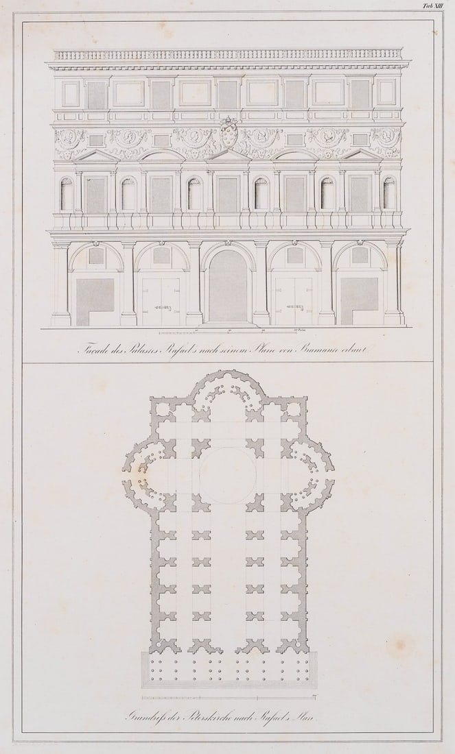 Unknown (19th), The façade of the Palazzo Caprini, around 1820, Etching: Unknown (19th century): Major works by Donato Bramante (1444 Fermignano - 1514 Rome), façade of Palazzo Caprini and ground plan of St Peter's Basilica in Rome, architectural representations, c. 1