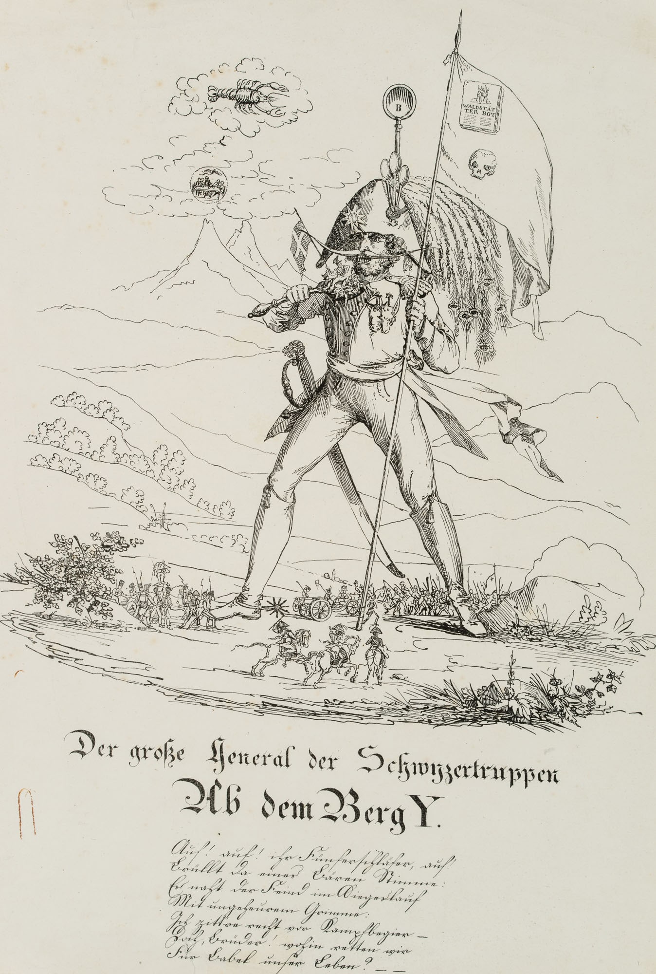 Unknown (19th), General of the Schwyz troops, Lithography: Unknown (19th century): Swiss caricature of a general, The great general of the Schwytz troops From the mountain Y, 19th century, Lithography Technique: Lithography on Paper Inscription: Below, labell