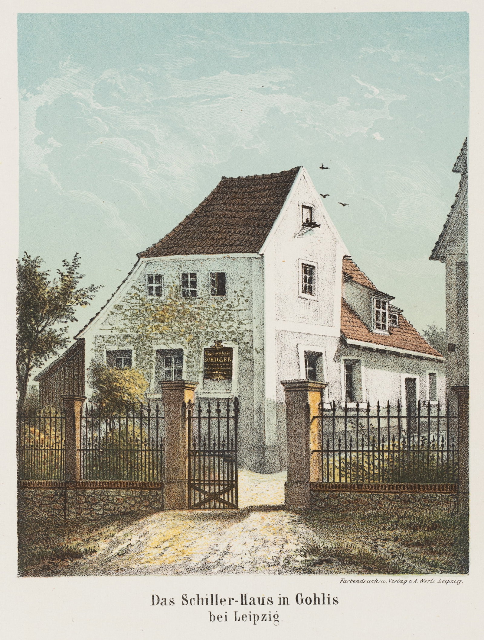 Unknown (19th), Schiller House in Gohlis, 1858, Colour lithography: Unknown (19th century): Schiller House in Gohlis near Leipzig, 1858, Colour lithography Technique: Colour lithography on Paper Inscription: At the lower part inscribed in the printing plate: "Das Schi