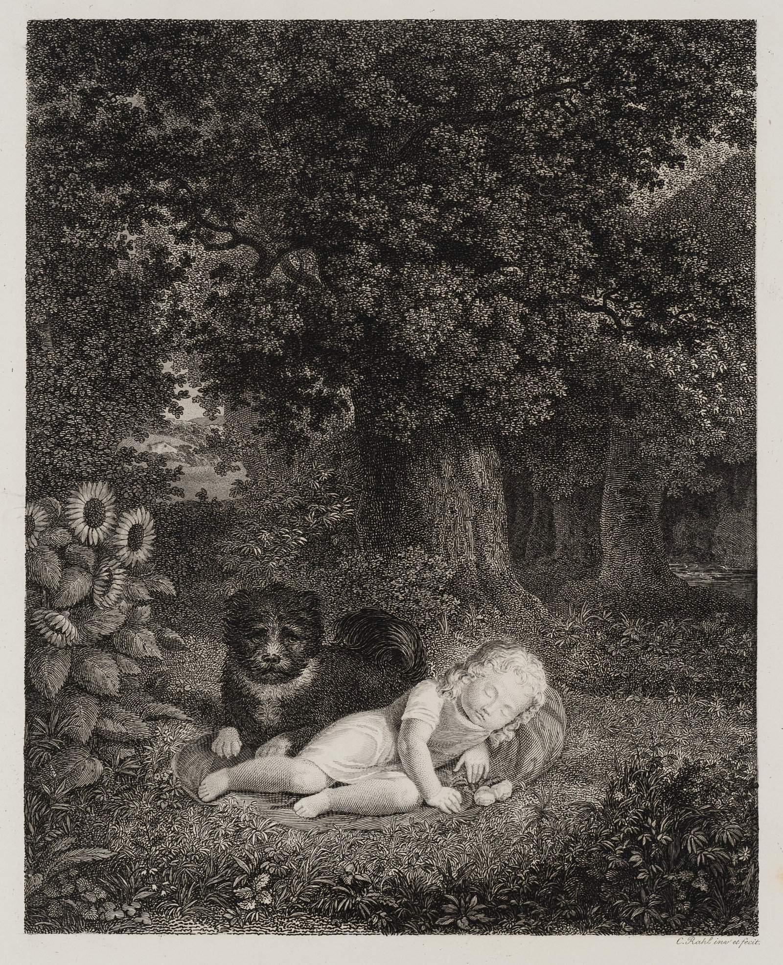 Unknown (19th), The Faithful Guardian, Etching: Unknown (19th century): The faithful watchman Clearing in the forest with a sleeping boy next to an awake dog, 19th century, Etching Technique: Etching on Paper Inscription: Lower right signed in the 