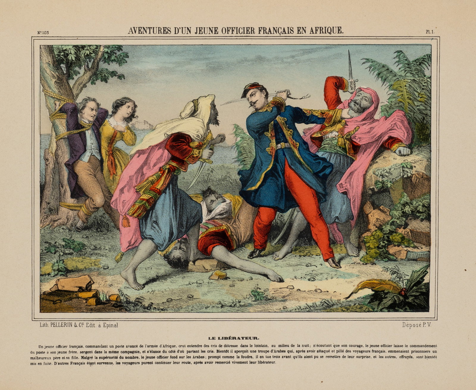Unknown (19th), French officer in Africa, Lithography: Unknown (19th century): Dramatic story of a French officer's battle in Africa, 19th century, Lithography Technique: Hand colored Lithography on Paper Inscription: At the lower part signed in the print