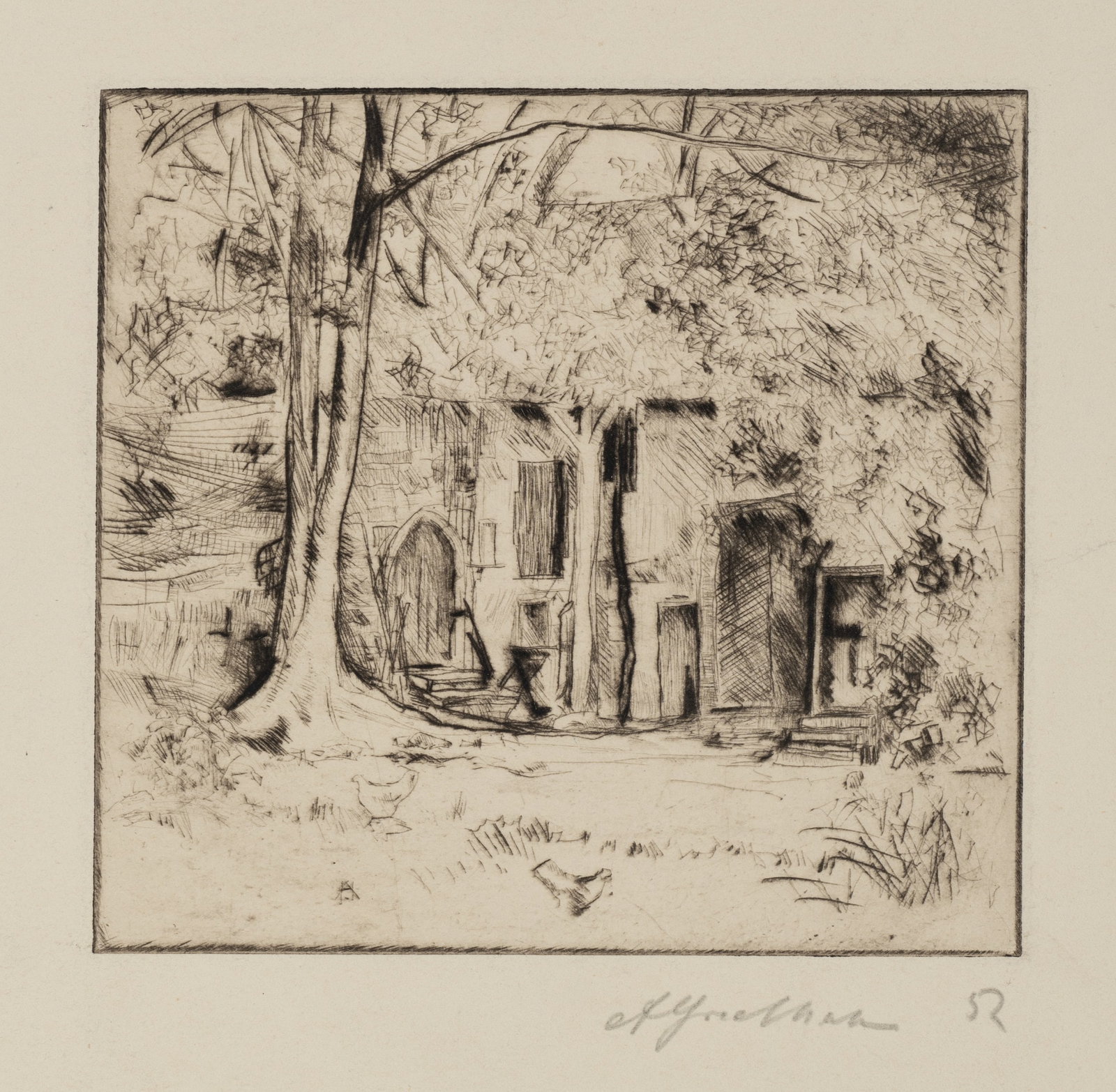 Unknown (19th), Farmhouse in the woods, 1852, Etching (1 of 5)