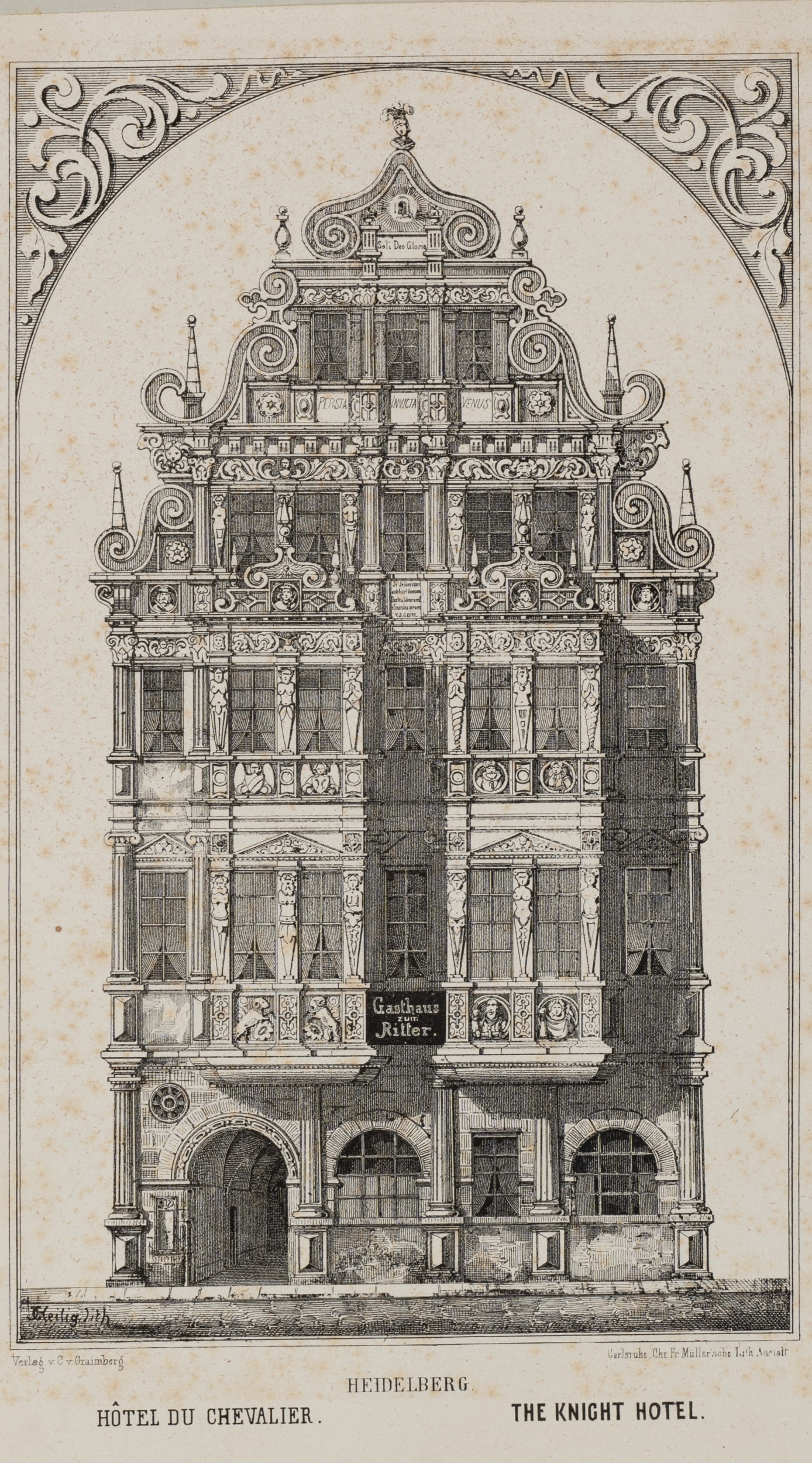 Unknown (19th), St George the Knight’s House, 1857, Lithography: Unknown (19th century): Haus zum Ritter St Georg with its opulent Renaissance façade in Heidelberg, 1857, Lithography Technique: Lithography on Paper, mounted on Paper Inscription: lower left sig
