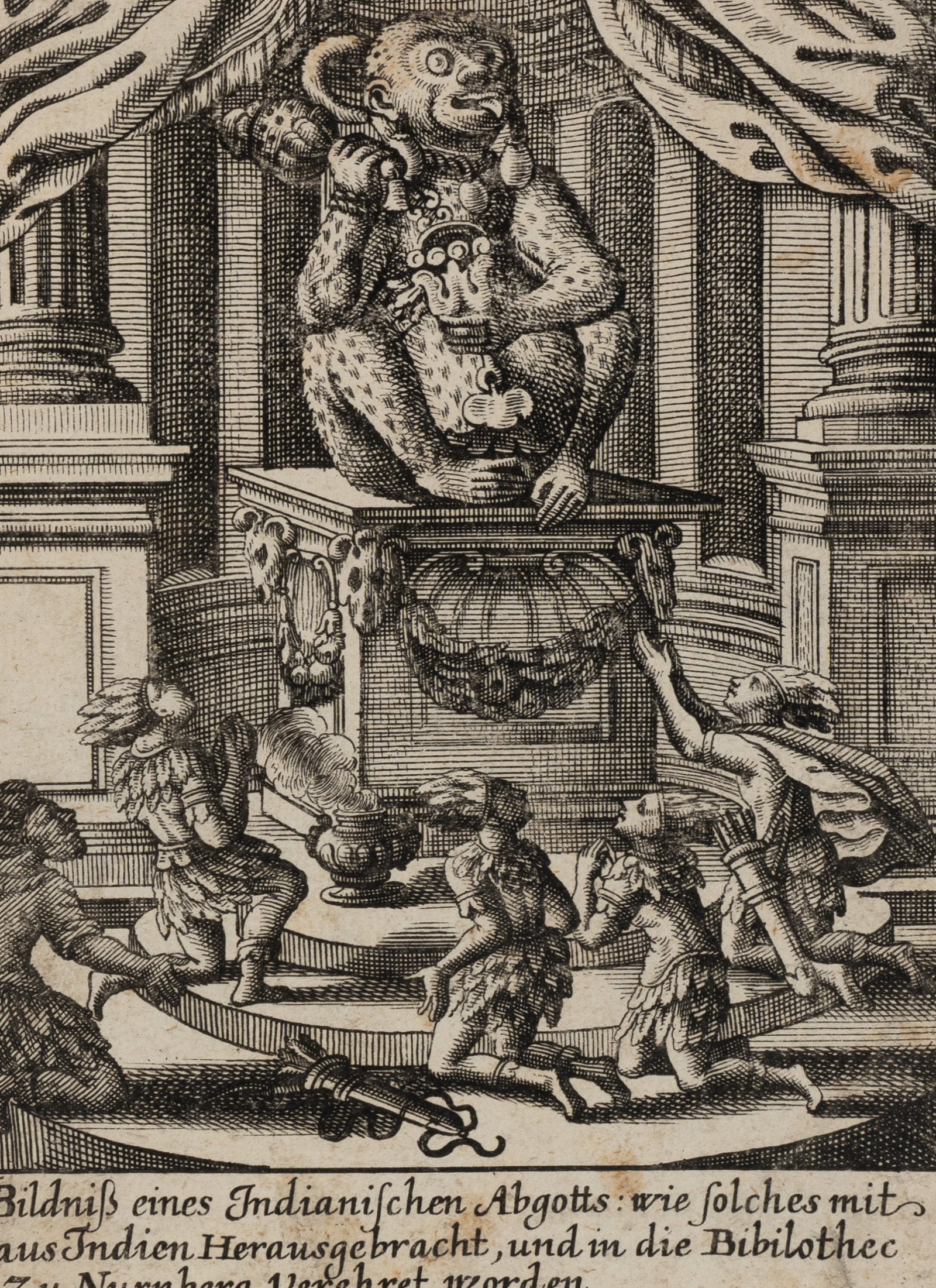 Unknown (19th), Indian monkey god, Etching: Unknown (19th century): Worship of a monkey idol in an architectural setting, 19th century, Etching Technique: Etching on Paper Inscription: At the lower part inscribed in the printing plate: "Bildn&#
