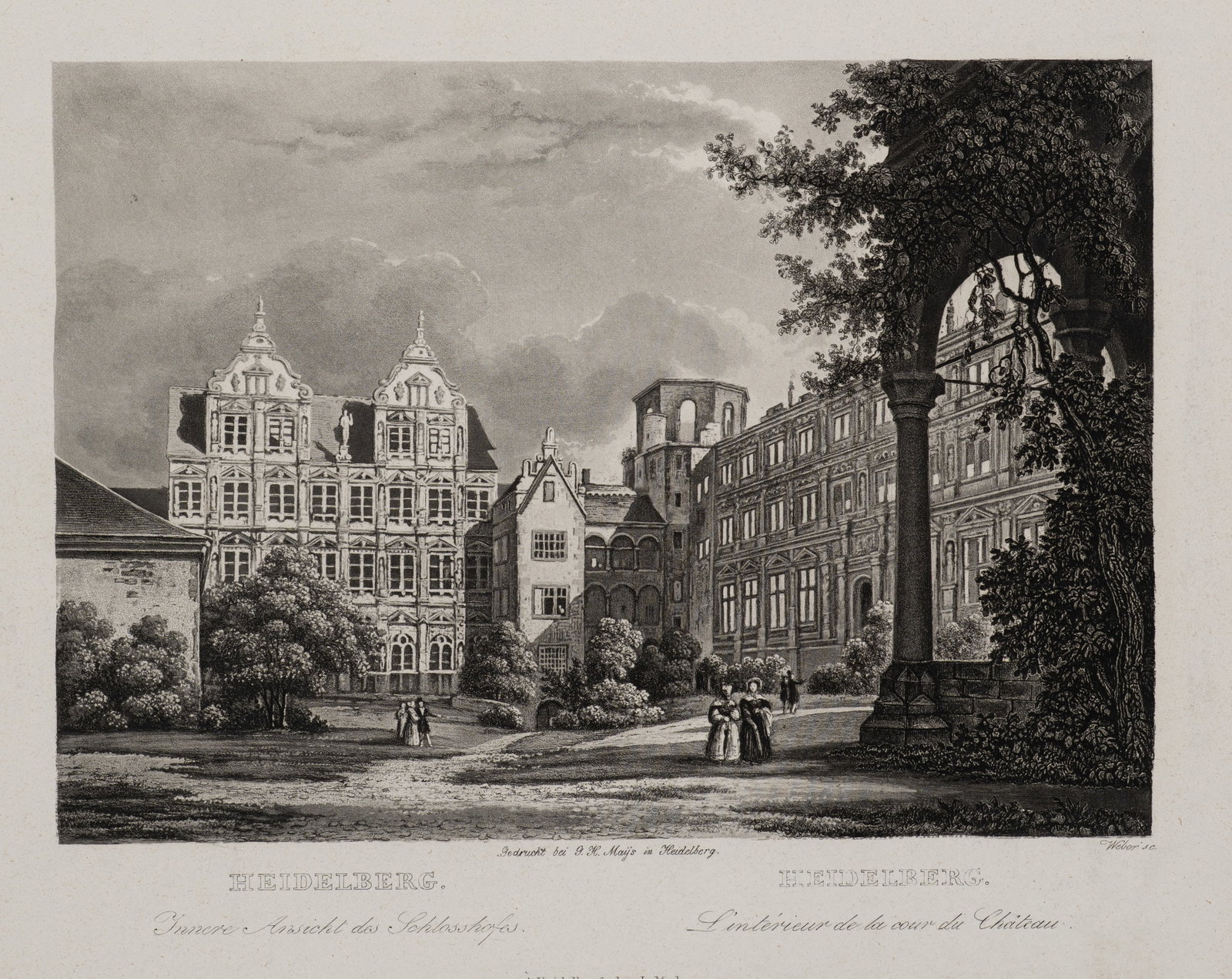 Unknown (19th), View of Heidelberg Castle, around 1840, Aquatint: Unknown (19th century): Interior view of Heidelberg Castle in Renaissance architecture, c. 1840, Aquatint Technique: Aquatint on Paper Inscription: Lower right signed in the printing plate: "Weber sc.