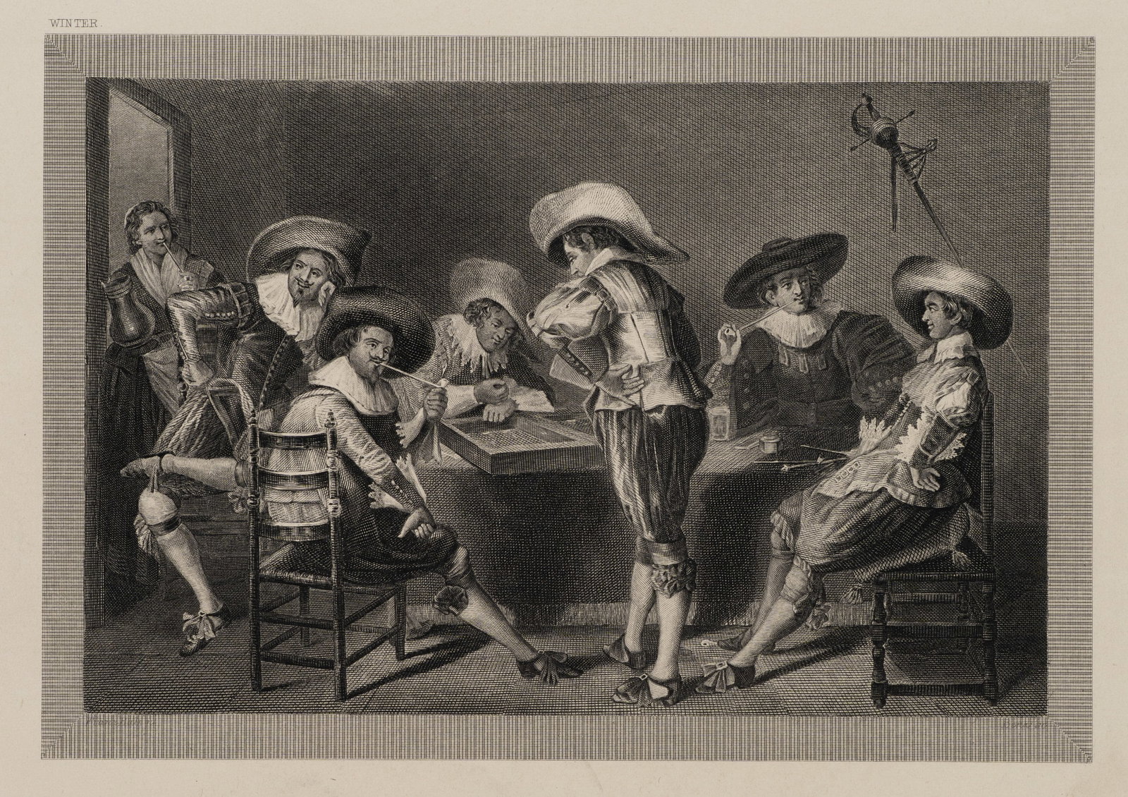 Unknown (19th), Tricktrack. A Baroque game session, Steel engraving: Unknown (19th century): Tricktrack Baroque game round Baroque company playing a game indoors, 19th century, Steel engraving Technique: Steel engraving on Paper Inscription: Lower middle inscribed in t