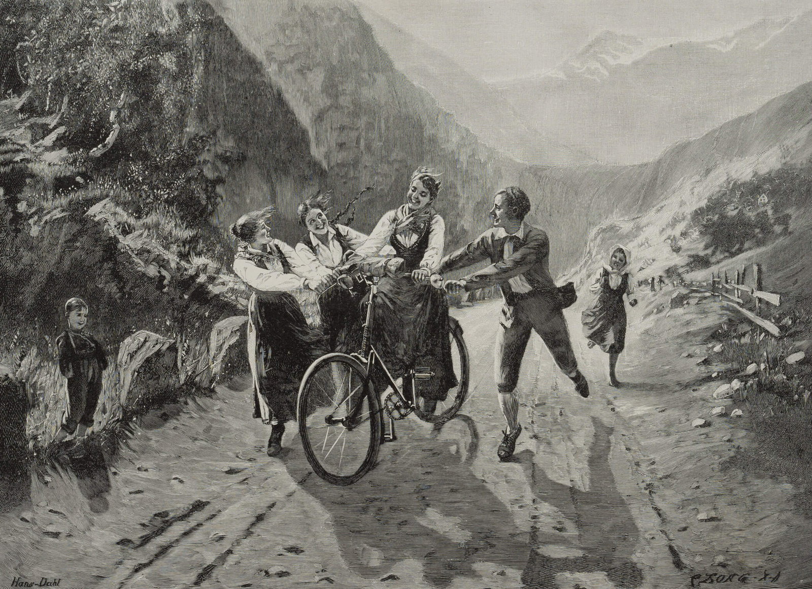 R. BONG (*1853) after DAHL (*1849), On a Norwegian country road, around 1900, Wood engraving: Richard Bong (1853 Berlin - 1935 ibid.) after Hans Dahl (1849 Hardanger (Granvin) - 1937 Balestrand): On a Norwegian country road Exuberant youth playing with a bicycle, c. 1900, Wood engraving Techni