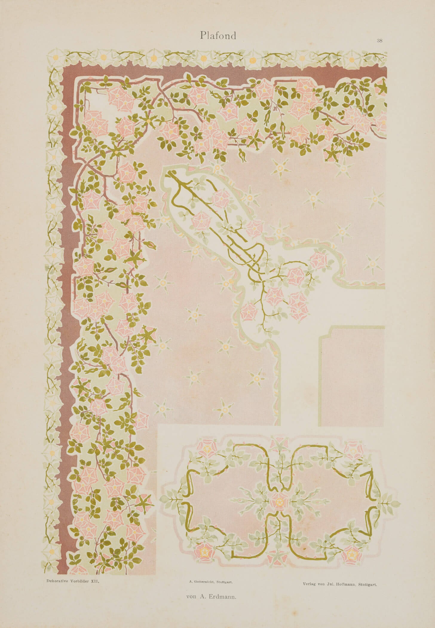 A. GATTERNICHT (*1819) after ERDMANN (19th), Design of a ceiling., 1901, Lithography: Adam Gatternicht (1819 Heidelberg - 1899 ) after A. Erdmann (19th century): Draft ceiling, 1901, Lithography Technique: Hand colored Lithography on Paper Inscription: Lower middle signed in the printi
