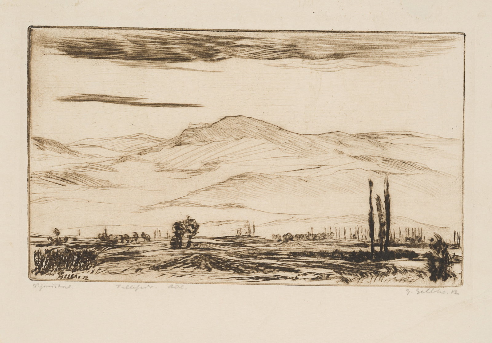 G. GELBKE (1882-1947), Landscape with poplars, 1912, Etching: Georg Hermann Gelbke (1882 Rochlitz - 1947 Dresden): Hilly landscape with poplars, 1912, Etching Technique: Etching on Paper Inscription: Lower right signed: "GGelbke". Lower right dated: "12". Date: 