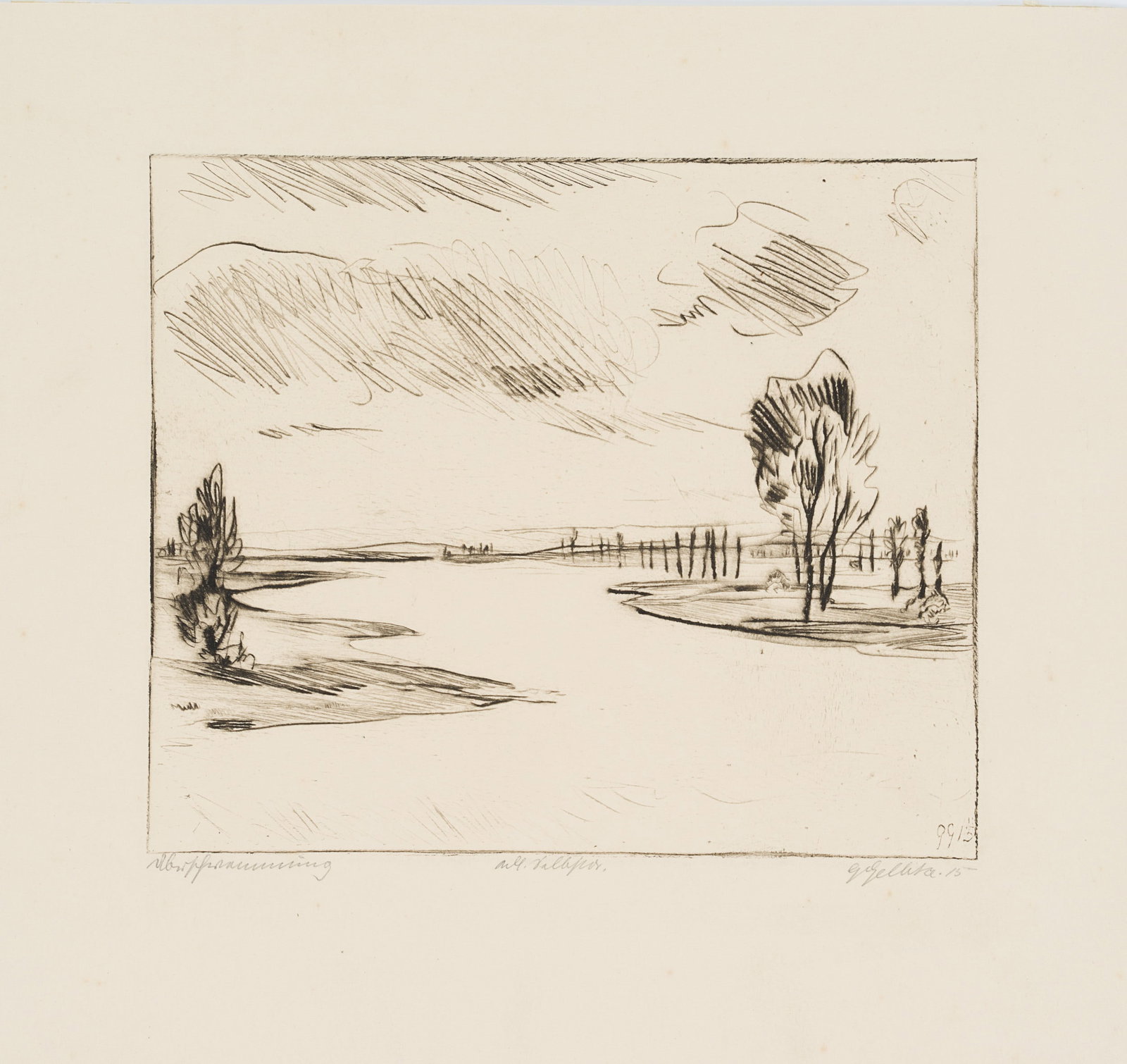 G. GELBKE (1882-1947), Flooded floodplain landscape, 1915, Etching: Georg Hermann Gelbke (1882 Rochlitz - 1947 Dresden): Flooded floodplain landscape with meandering river, 1915, Etching Technique: Etching on Paper Inscription: Lower right signed: "GGelbke". lower lef
