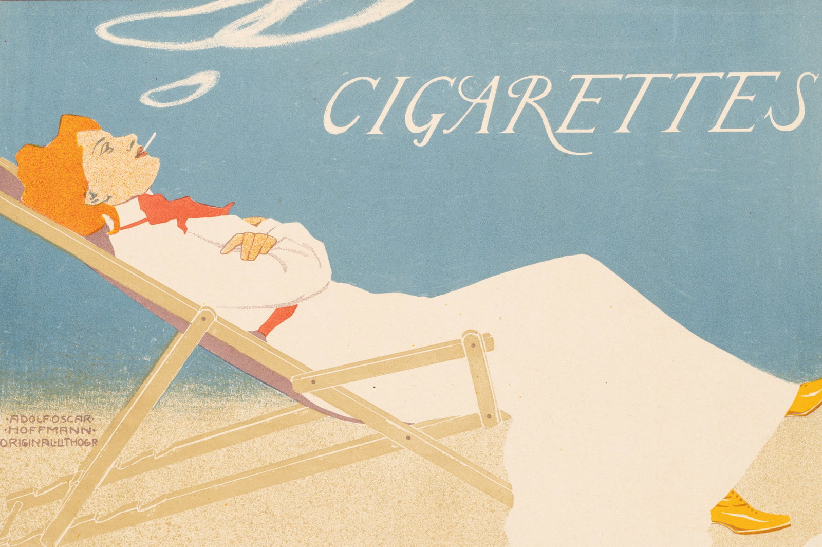 A. HOFFMANN (1851-1913), A sophisticated woman with "Cigarettes", around 1900, Colour lithography: Adolf Oskar Hoffmann (1851 Tartu (Formerly Dorpat) - 1913 St. Petersburg): "Cigarettes", woman lying in a deckchair blowing smoke rings, c. 1900, Colour lithography Technique: Colour lithography on Pa