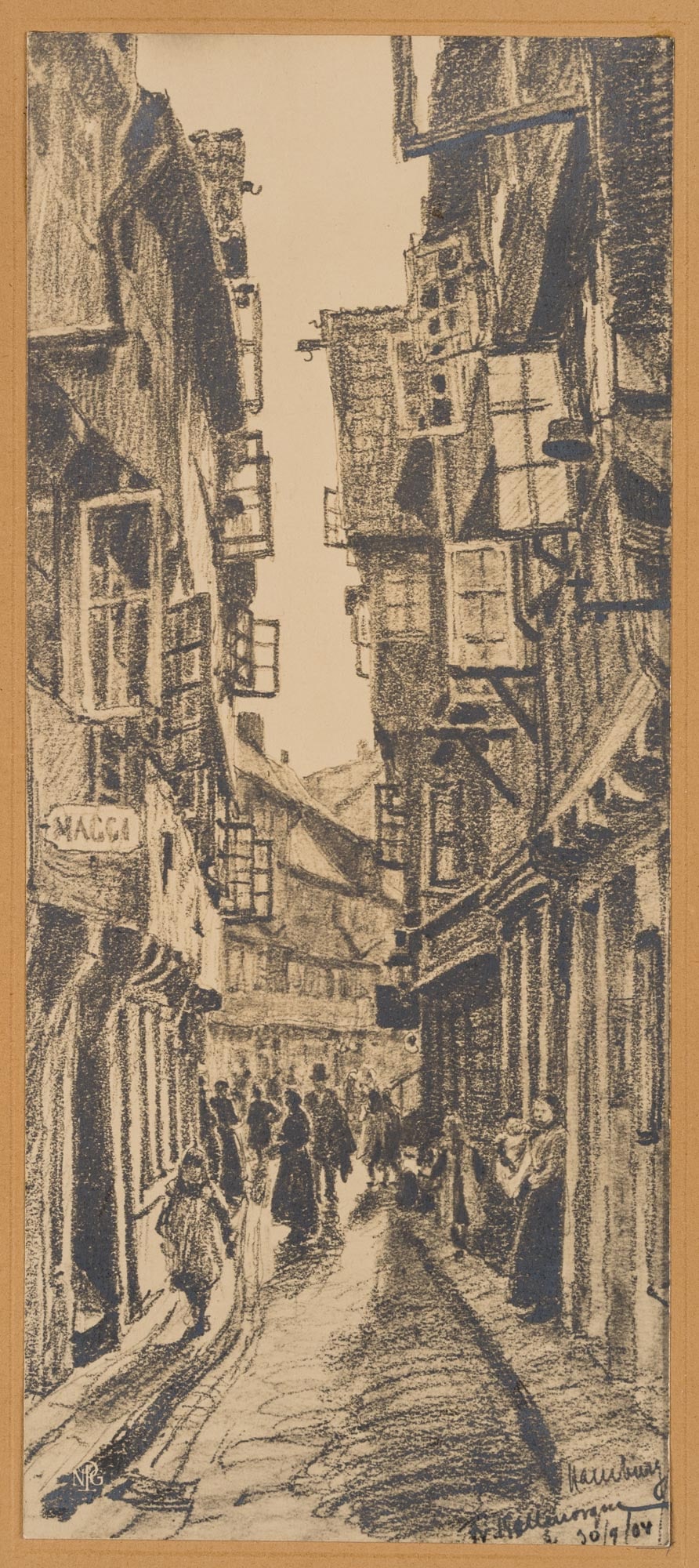 F. KALLMORGEN (*1856), A busy street, Hamburg, 1904, Reproduction: Friedrich Kallmorgen (1856 Hamburg - 1924 Grötzingen): Impression of Hamburg View of a street in the Speicherstadt bustling with passers-by and residents, 1904, Reproduction Technique: Reproducti