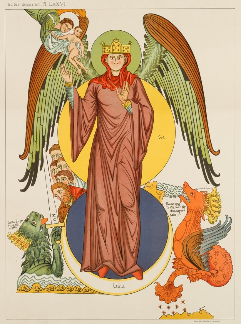 After LANDSBERG (*1125), The Woman of the Apocalypse, Reproduction: After Herrad von Landsberg (around 1125 - 1195 ibid.): Mondsichelmadonna "The Woman of the Apocalypse, 20th century, Reproduction Technique: Reproduction on Paper Inscription: Inscribed at upper left 