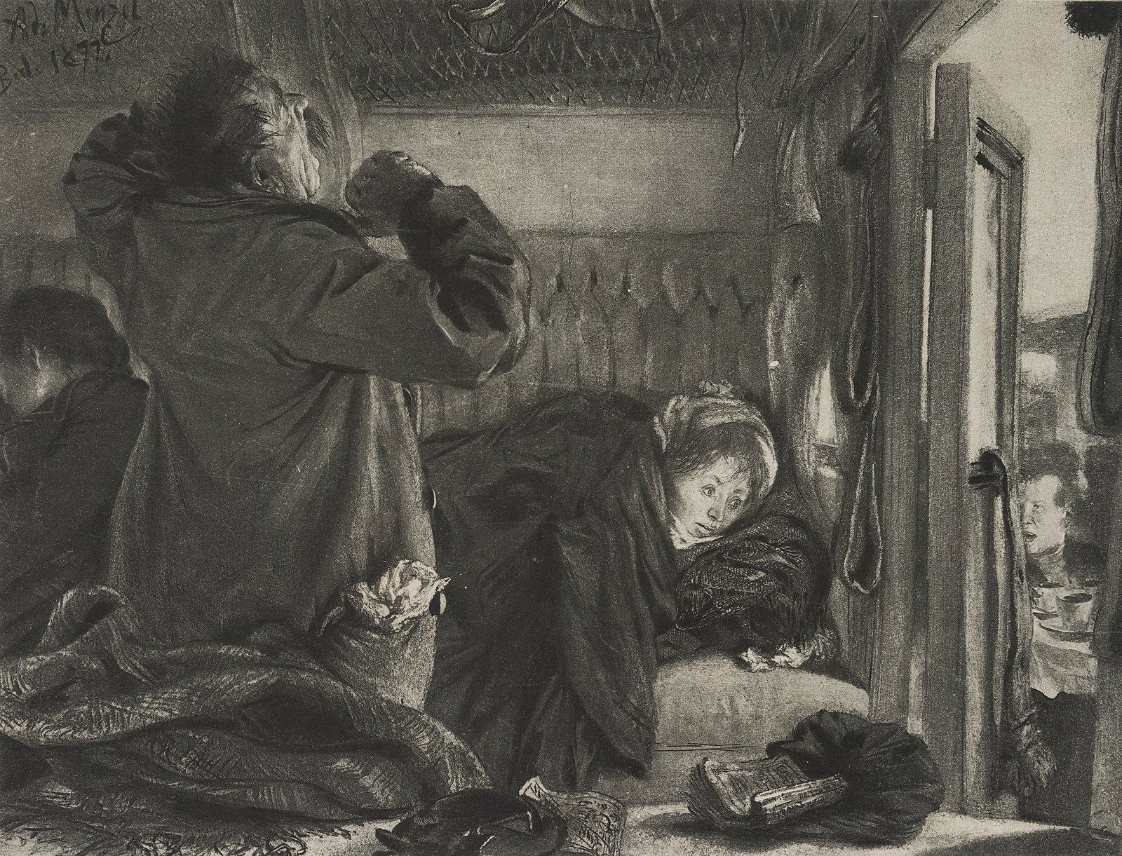 After MENZEL (*1815), In a train compartment, around 1900, Etching (1 of 4)
