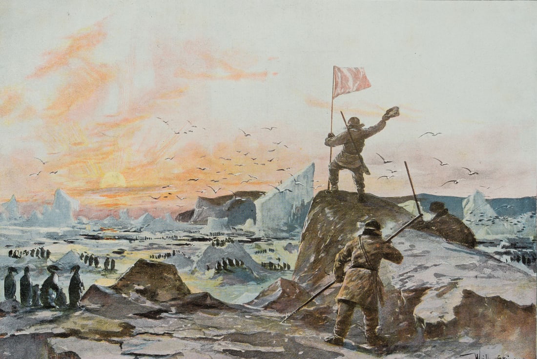 W. STÖWER (1864-1931), Discovery of Victoria Land, around 1903, Reproduction: Willy Stöwer (1864 Wolgast - 1931 Berlin): Discovery of Victoria Land, c. 1903, Reproduction Technique: Reproduction on Paper Inscription: Inscribed below: "Watercolour facsimile by Rich. Bong, B