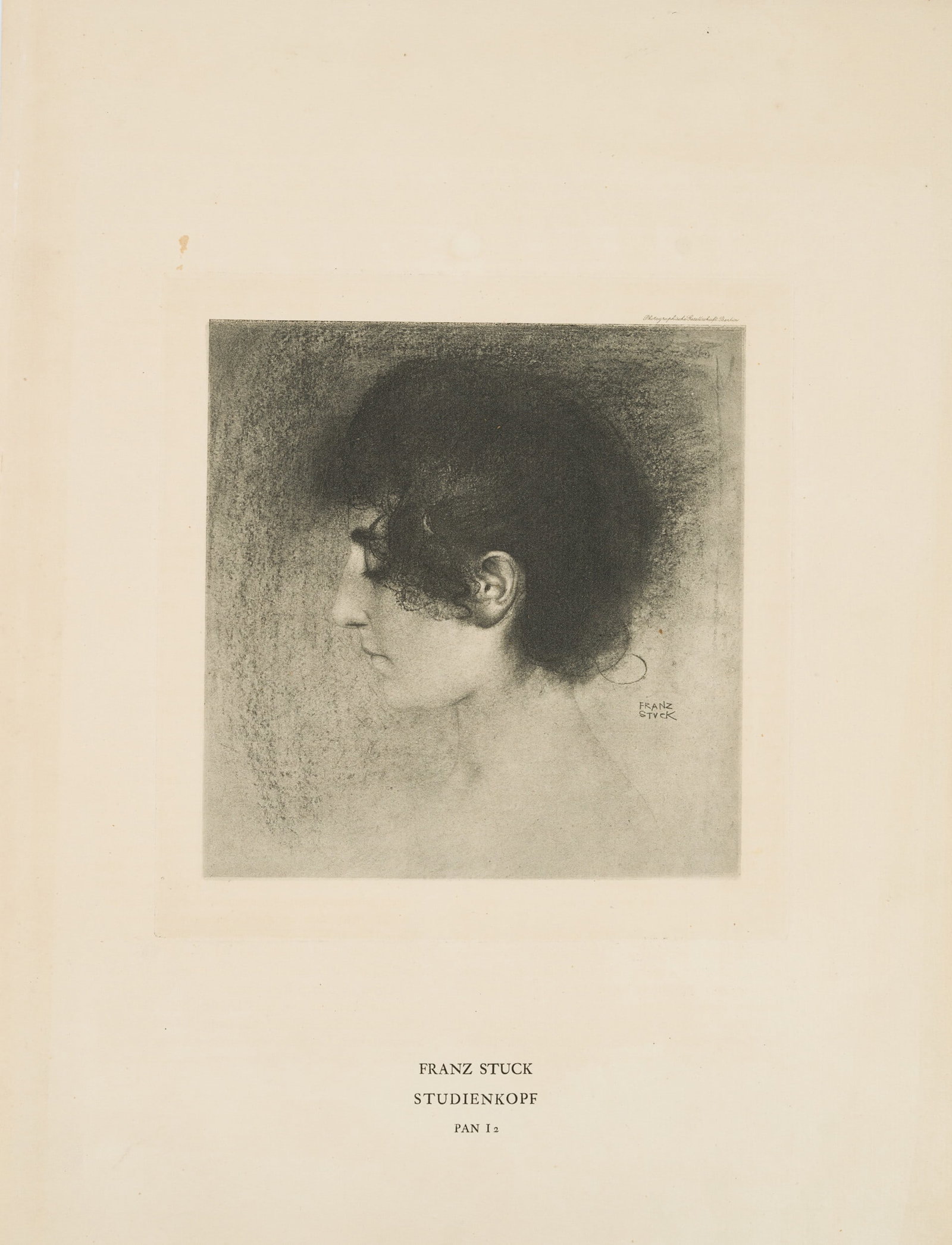 After STUCK (*1862), Study header, around 1900, Reproduction: After Franz von Stuck (1862 - 1928 ): Study head, portrait in profile of a short-haired woman, c. 1900, Reproduction Technique: Reproduction on Paper Inscription: Lower middle inscribed in the printin