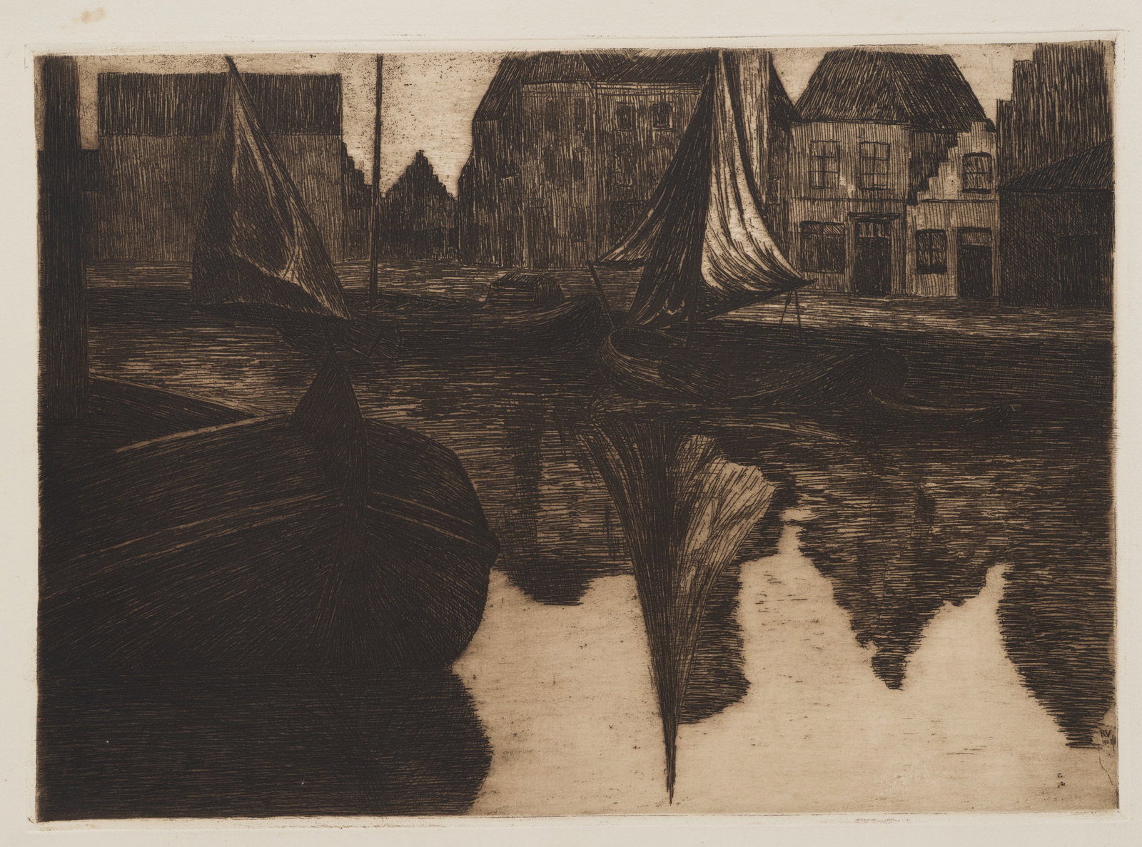 R. VOORTMAN (19,20th), Sailing boats in the canal harbour, Etching (1 of 5)