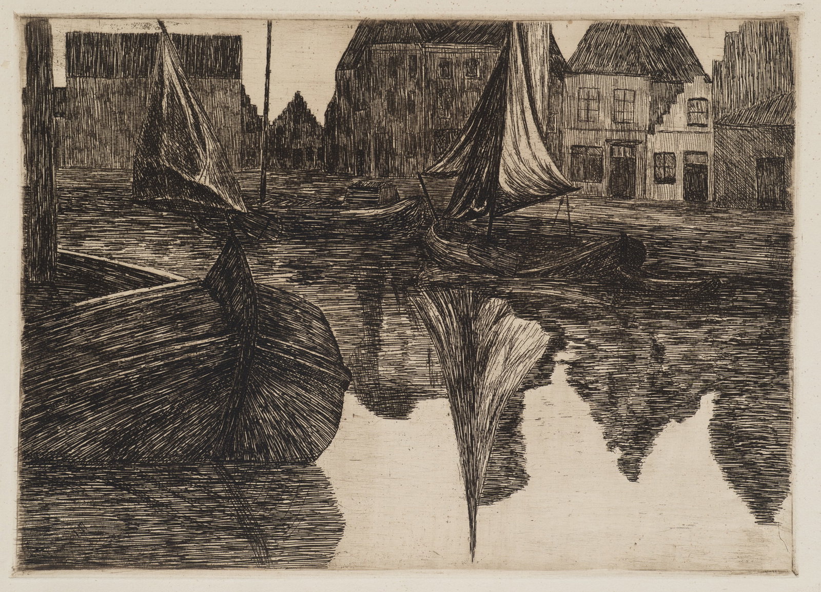 R. VOORTMAN (19,20th), Sailing boats in the canal harbour, Etching (1 of 5)