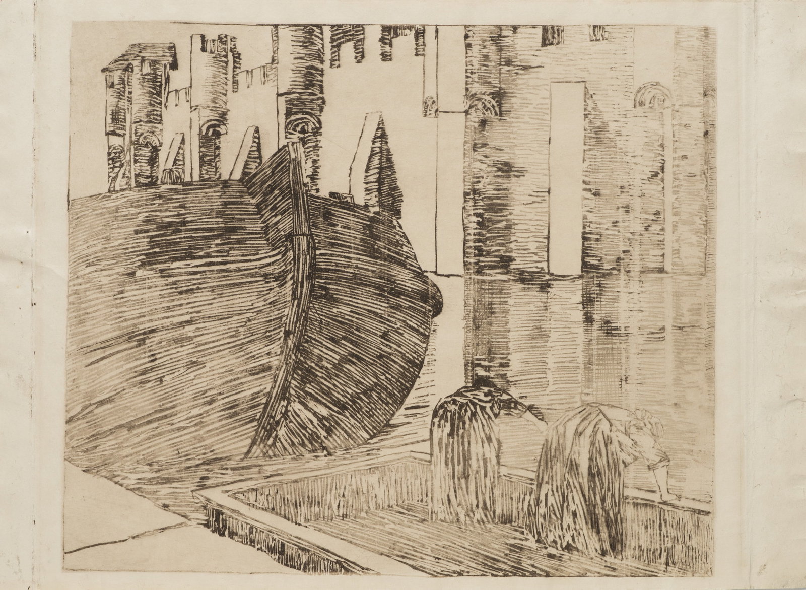 R. VOORTMAN (19,20th), A boat at the quay with two women, Etching (1 of 5)