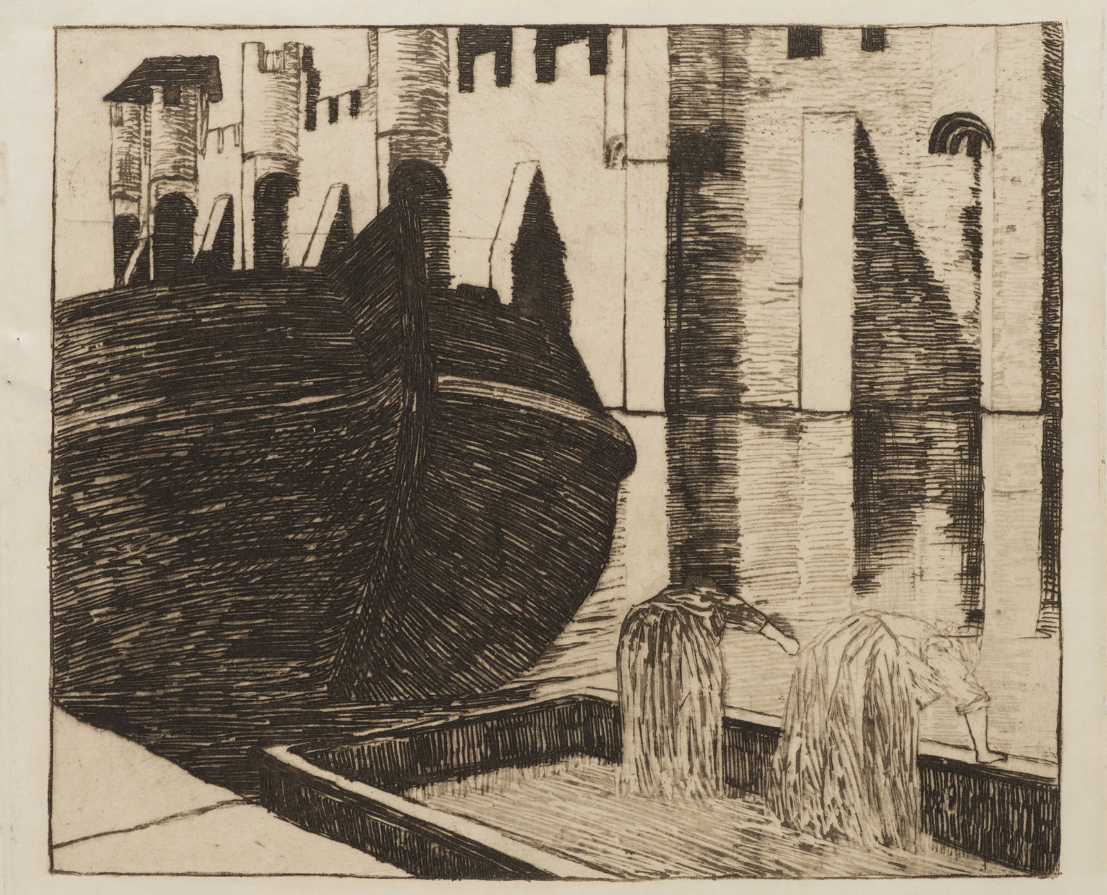R. VOORTMAN (19,20th), A boat at the quay with two women, Etching: Robert Voortman (19./20. century): Boat at the quay with two women Large hull at the quay with two working women, heavily worked through state, 20th century, Etching Technique: Etching on Paper Impres