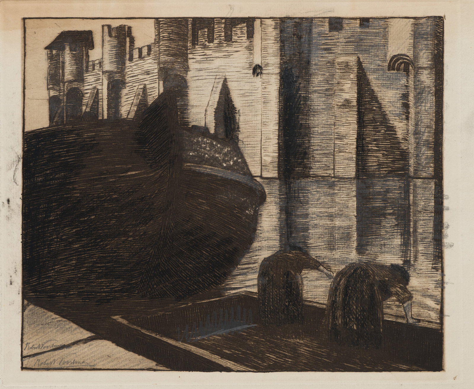 R. VOORTMAN (19,20th), A boat at the quay with two women, Etching (1 of 5)