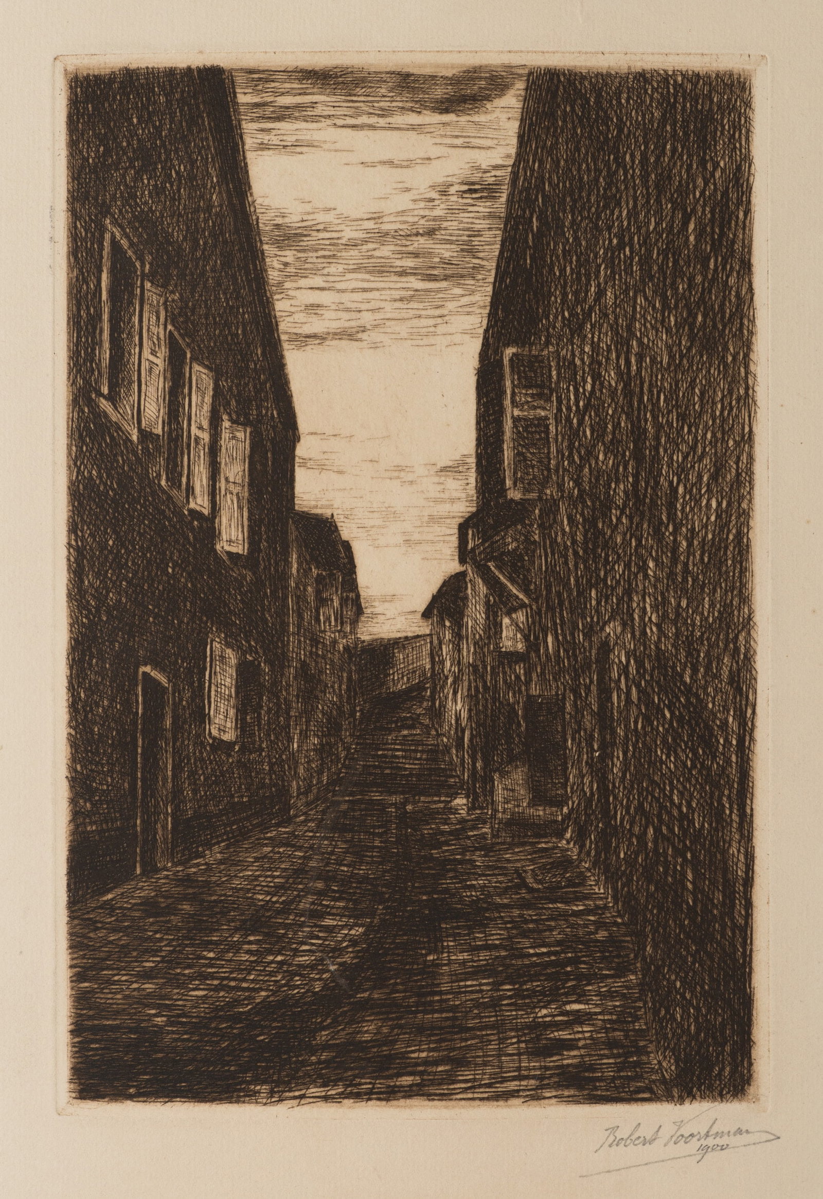 R. VOORTMAN (19,20th), Narrow alleyway between houses, 1900, Etching (1 of 5)