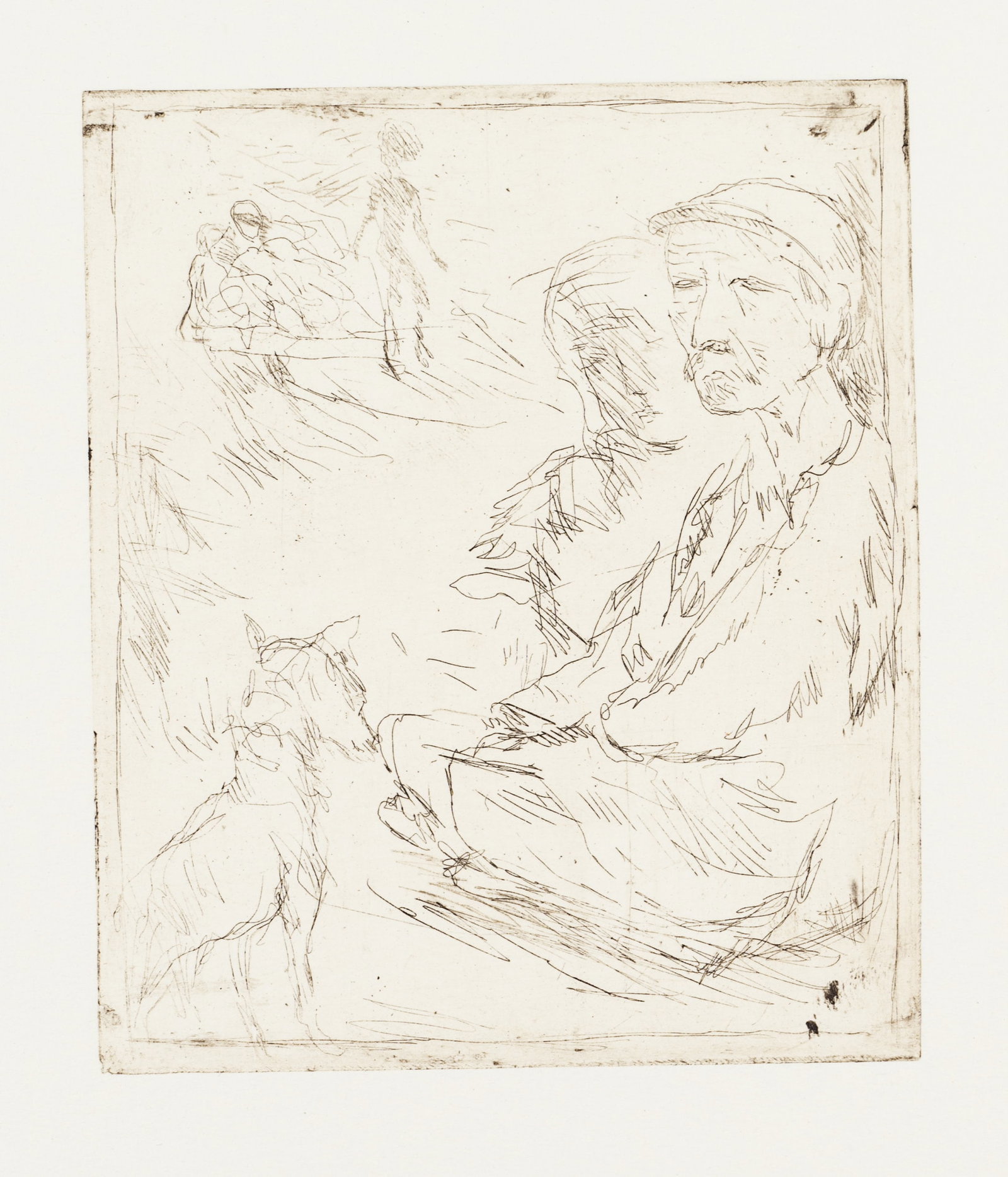 A. SCHINNERER (*1876), Figures with a dog, around 1940, Etching: Adolf Ferdinand Schinnerer (1876 Schwarzenbach on the Saale - 1949 Ottersheim, Haimhausen): Figures with a dog, c. 1940, Etching Technique: Etching on Paper Date: c. 1940 Description: The exhibit show