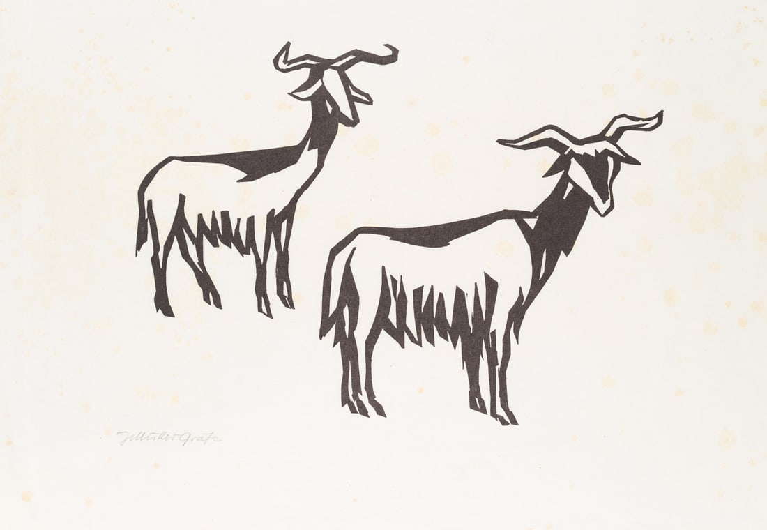 H. MÜLLER-GRÄFE (*1919), Depiction of two goats, Woodcut: Hans Joachim Müller-Gräfe (1919 Altenburg - 1983 ): Depiction of two goats, 20th century, Woodcut Technique: Woodcut on Paper Date: 20th century Description: Depiction of two goats with shag