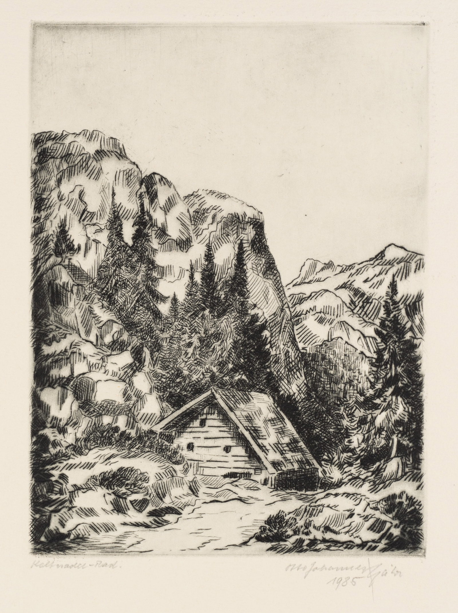 O. BÄHR (1919-2008), Alpine hut in the mountains, 1985, Etching (1 of 5)