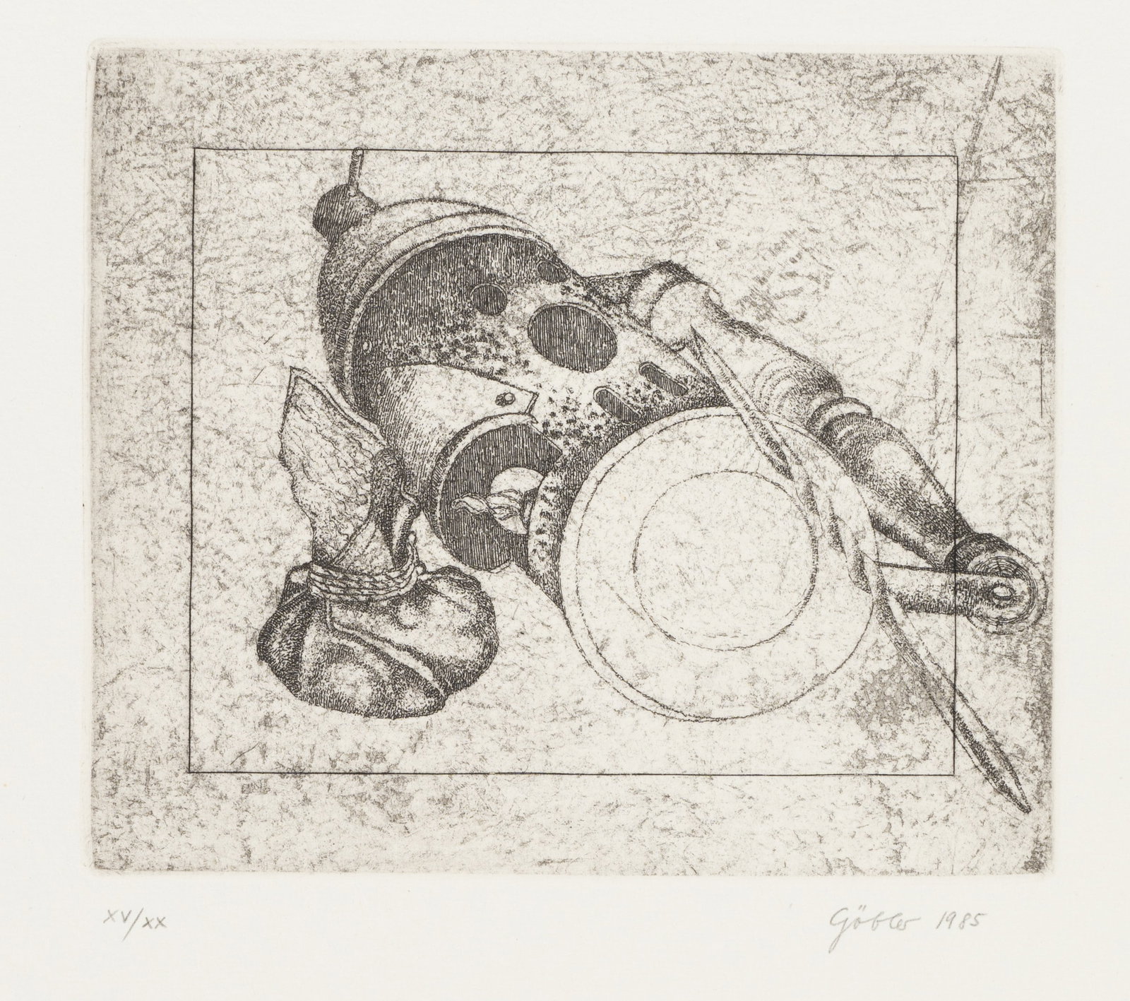 R. GÖBLER (*1948), Still life with a mechanical metal object, 1985, Etching: Rolf Göbler (born 1948 Pirna): Still life with mechanical object Retrofuturism, 1985, Etching Technique: Etching on Paper Date: 1985 Description: Still life of a mechanical apparatus consisting o