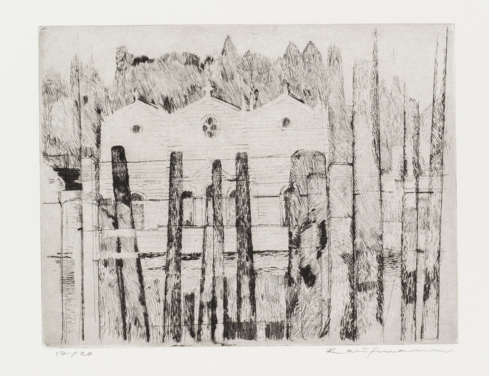 KAUFMANN (20th), View of a church behind a fence, Etching (1 of 5)