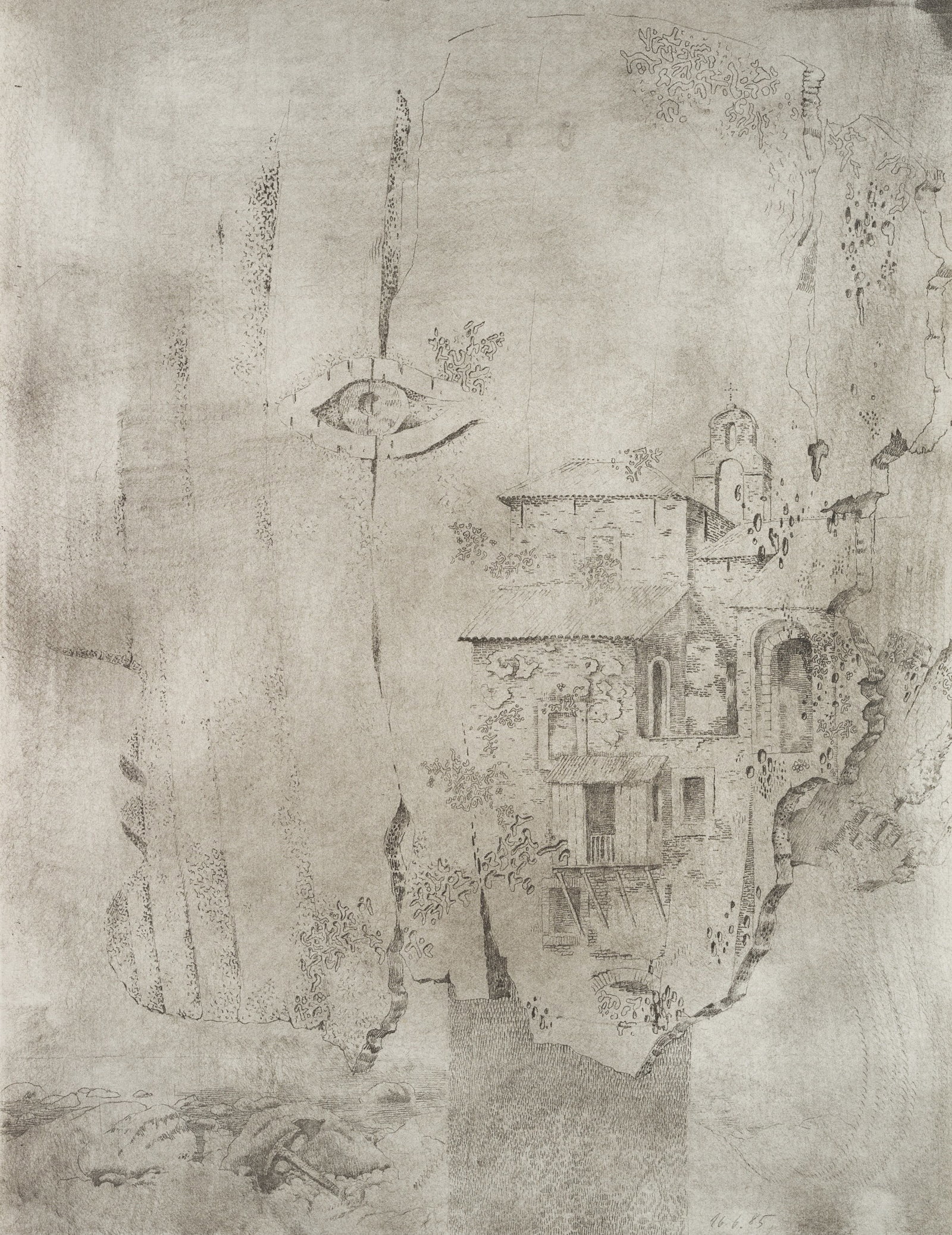 E. MAYER (*1932), Optical Illusion. Face and Architecture, around 1985, Etching: Ernst Wahrmut Mayer (born 1932 Stuttgart): Collage Optical illusion Architectural fragments or face with eye, c. 1985, Etching Technique: Etching on Paper Date: c. 1985 Description: Collage of landsca
