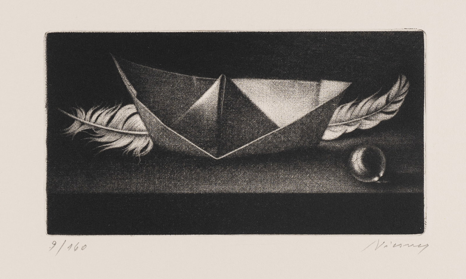 W. NIESNER (1925-1994), Paper boat, pen and marble. Still life, Mezzotint (1 of 5)