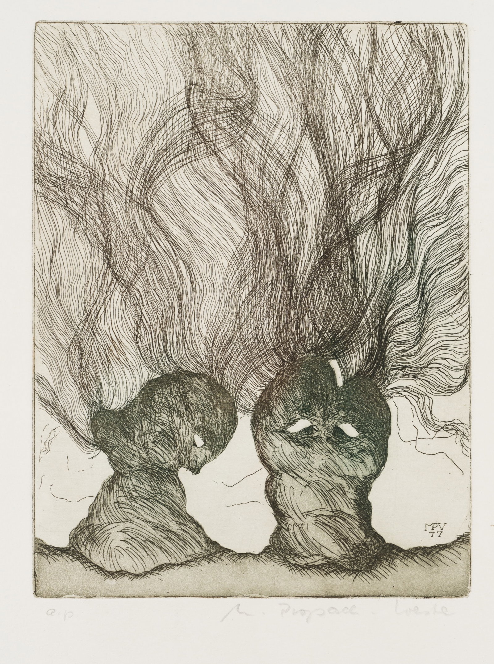M. PROPACH-VOESTE (20th), Tree spirits. Two marvellous trees, 1977, Etching: Monika Propach-Voeste (20th century): Tree spirits Two trees with human features, 1977, Etching Technique: Etching on Paper Inscription: Lower right monogrammed (ligated): "MPV 77". Lower right furthe