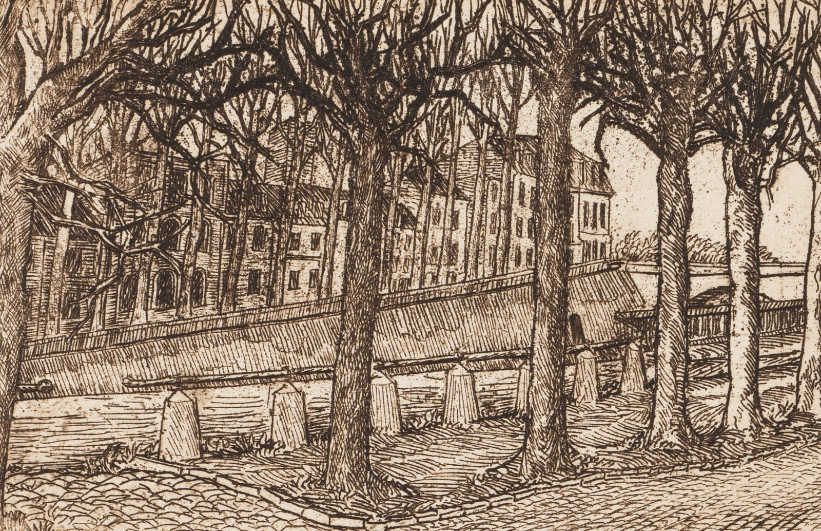 Unknown (20th), A view through the trees of an urban avenue, Etching: Unknown (20th century): View through the trees of an urban avenue to an ascending street with a row of houses, 20th century, Etching Technique: Etchingtinted stone on Paper Date: 20th century Descript