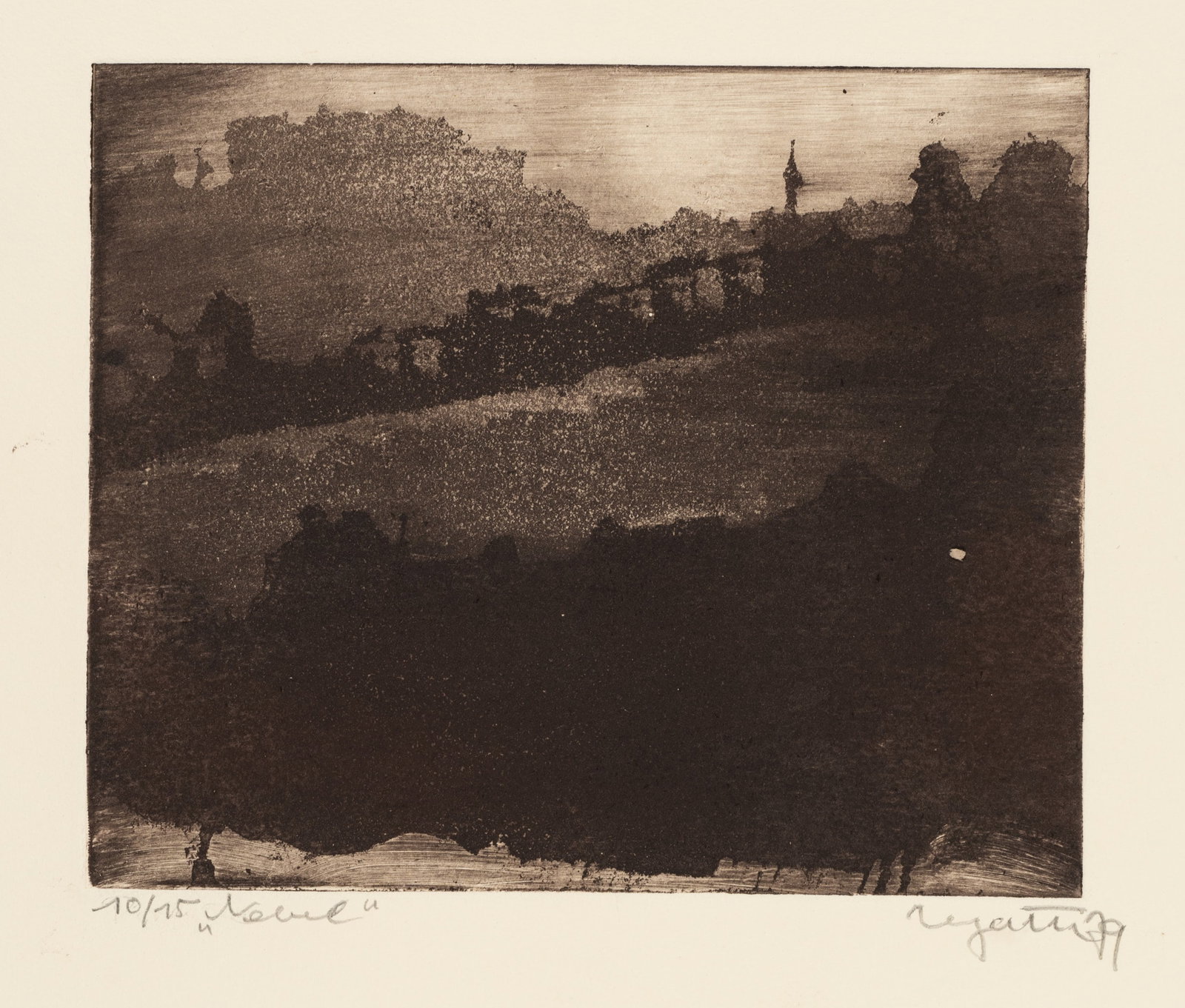 Unknown (20th), Fog. Landscape in the dark. Blur, 1979, Aquatint: Unknown (20th century): Fog Blurred landscape in the dark, 1979, Aquatint Technique: Aquatint and Etching on Paper Inscription: Lower right signed: "Regatte[?] 79". lower left inscribed by the artist'